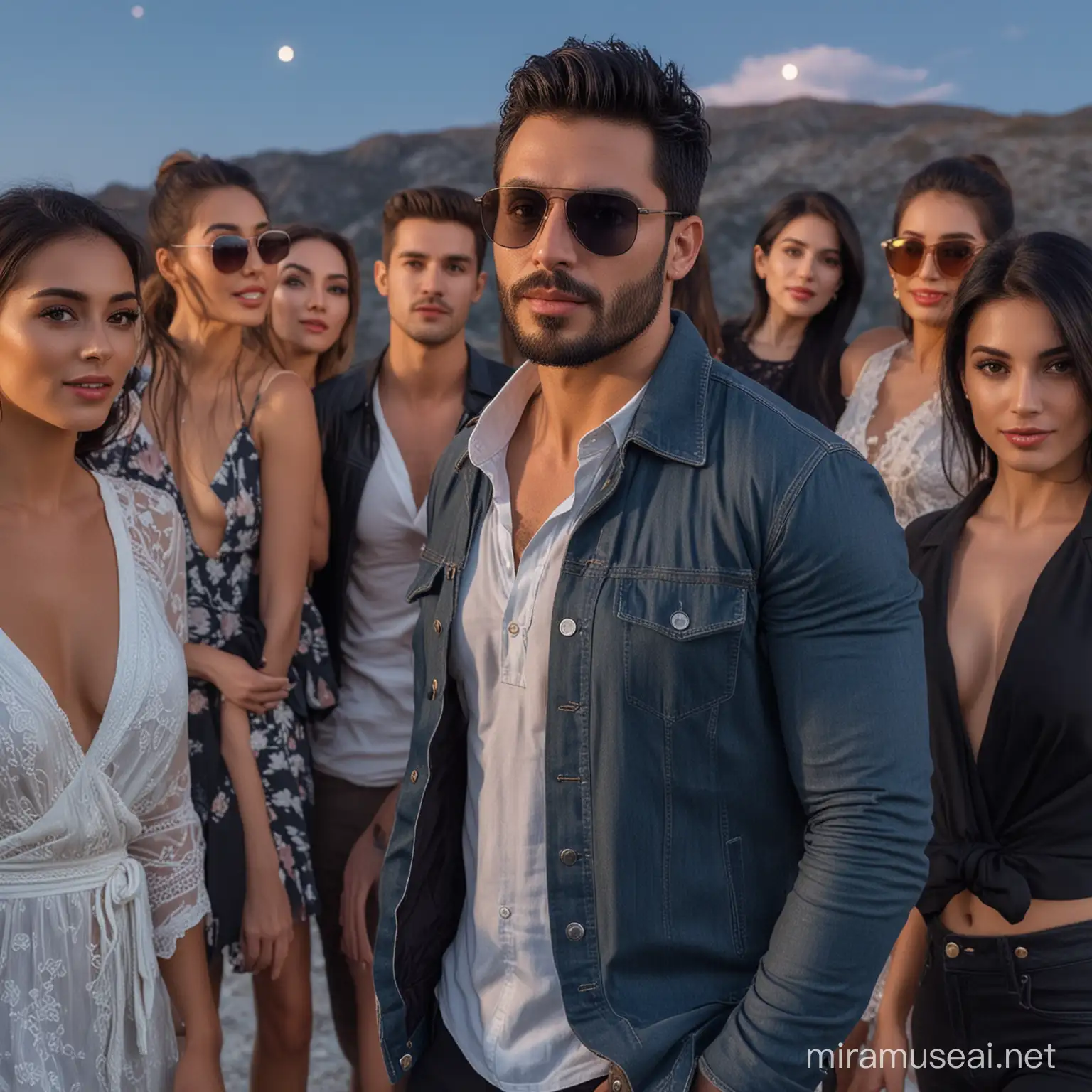 A handsome man with black hair, a stubble beard and sunglasses with a group of very sexy and beautiful women in the evening with moonlight in a mountainous place