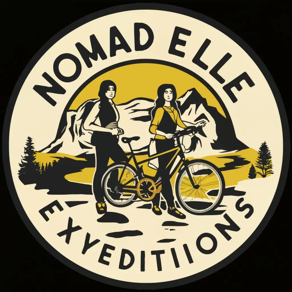 a logo design,with the text "Nomad Elle Expeditions", main symbol:Black and yellow themed Group of modern Women travelling in boots and hiking bike filling in a circular Emblem,complex,be used in Travel industry,clear background