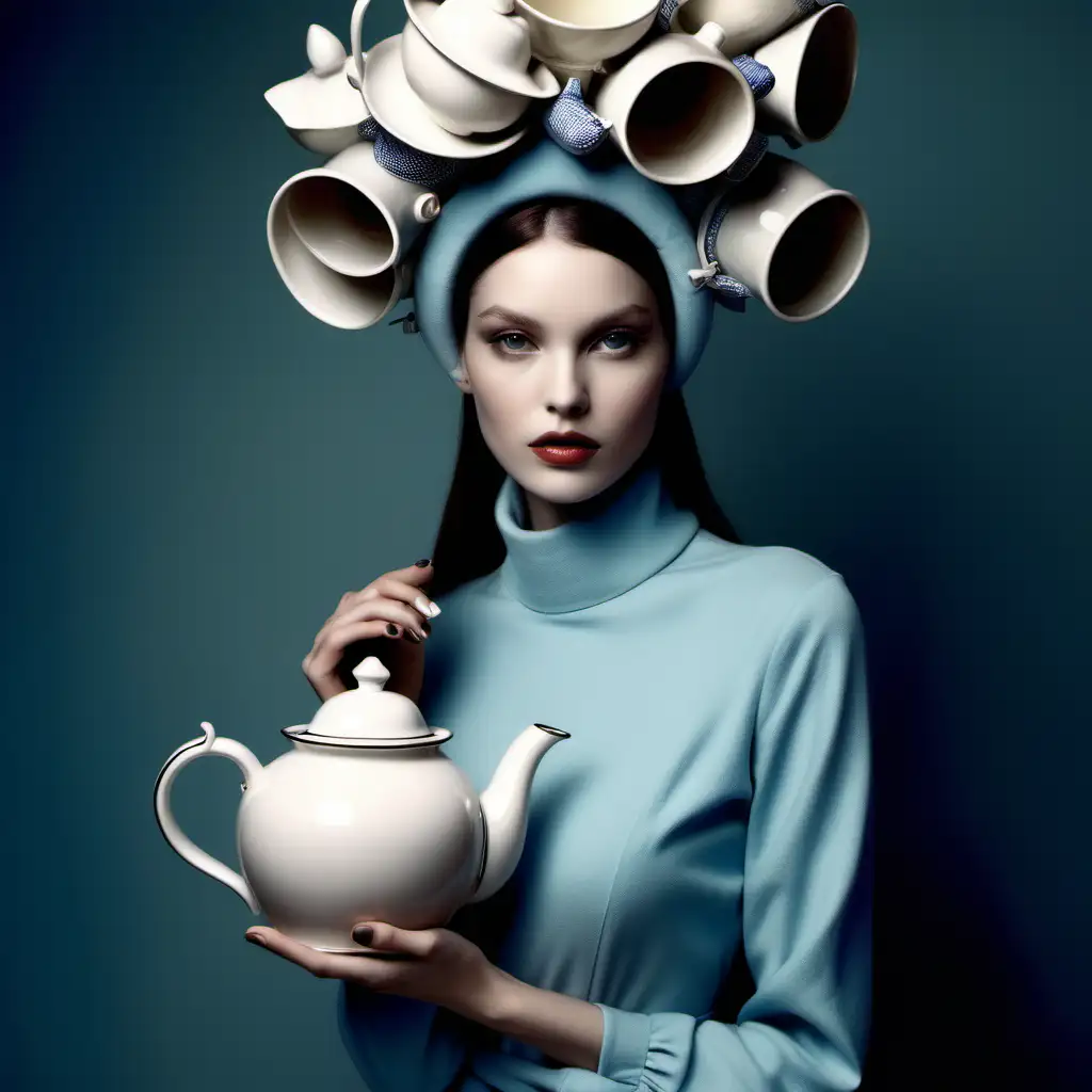 a beautiful model, wearing a tea pot set on her head as a hat, posing in a poetic way in the style of bold fashion photography, vogue style 