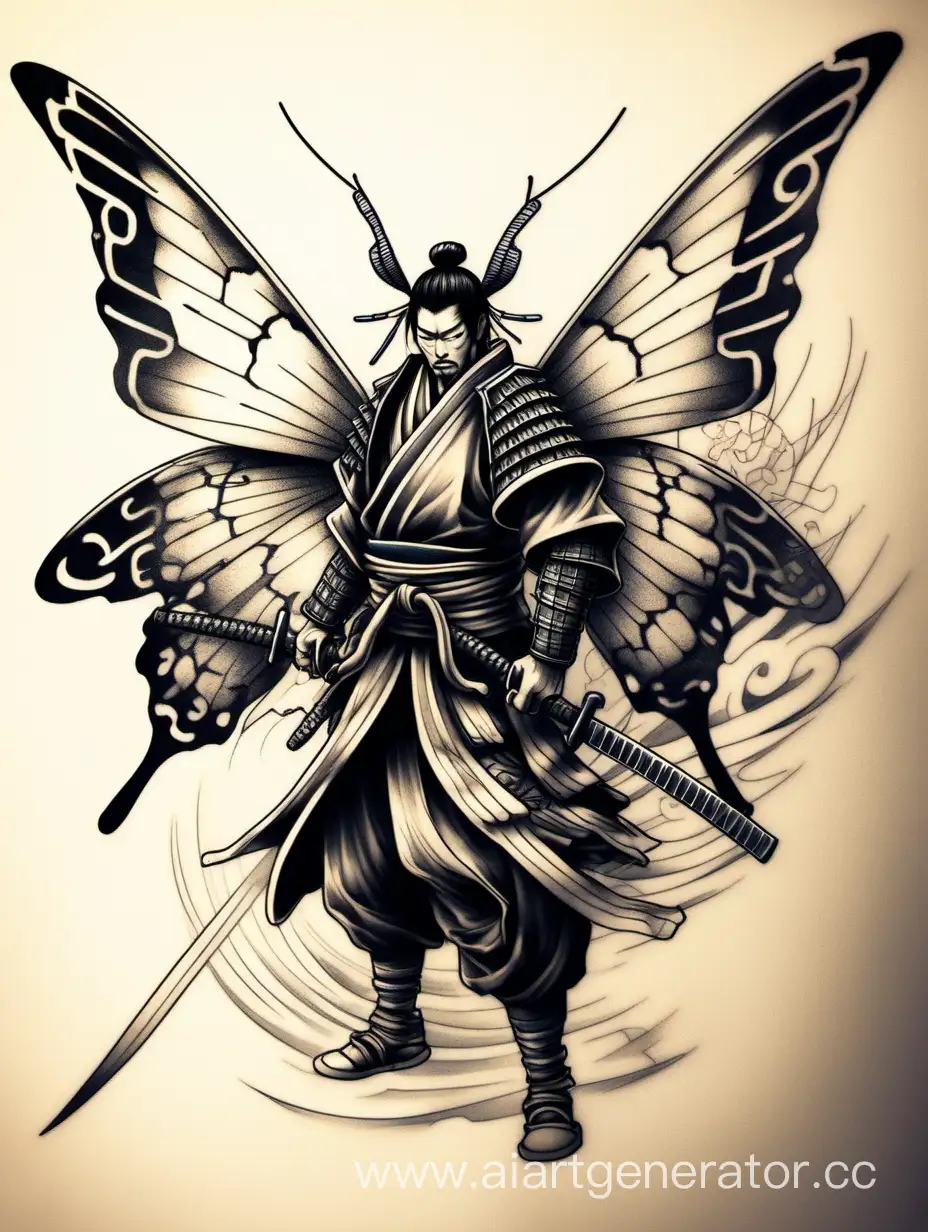 Эскиз татуировки, бабочка, самурай на крыльях, самурай,  самурая на крыле