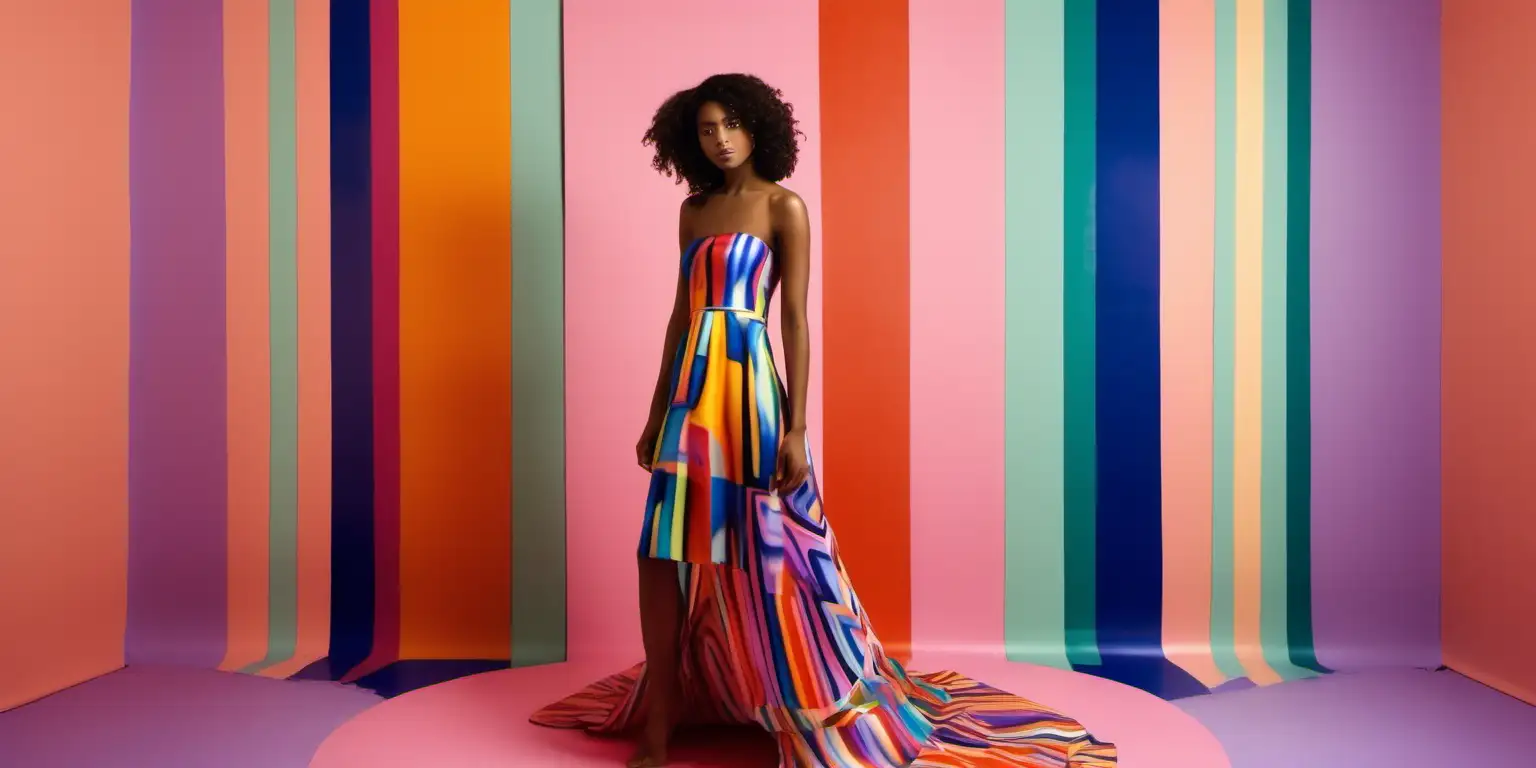 colorful abstract dress on model in photoshoot in colorful room