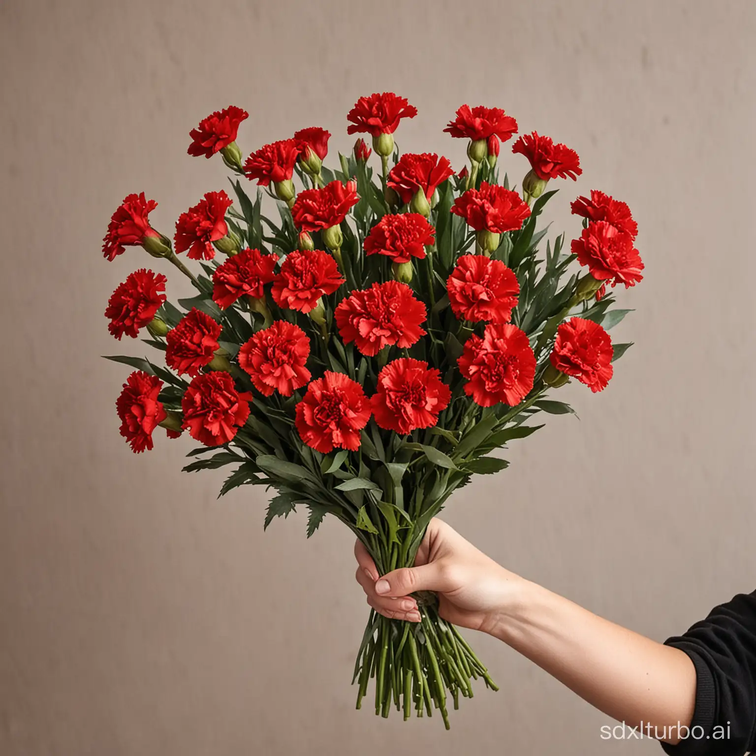 bouquet red carnation (201 pieces) in hands