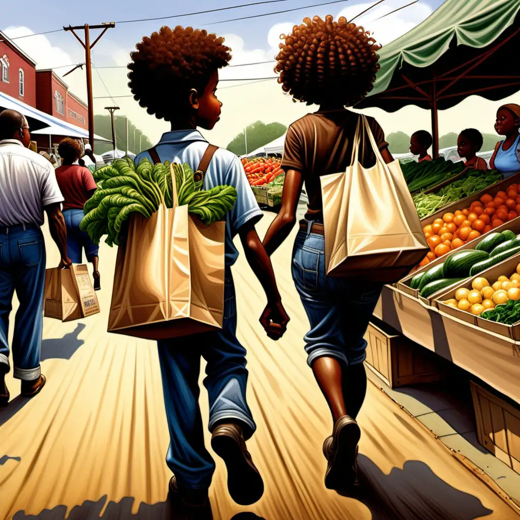 Ernie Barnes style cartoon african american 10 year old boy with curly hair leaving the farmer's market with his parents holding bags of vegetables back view