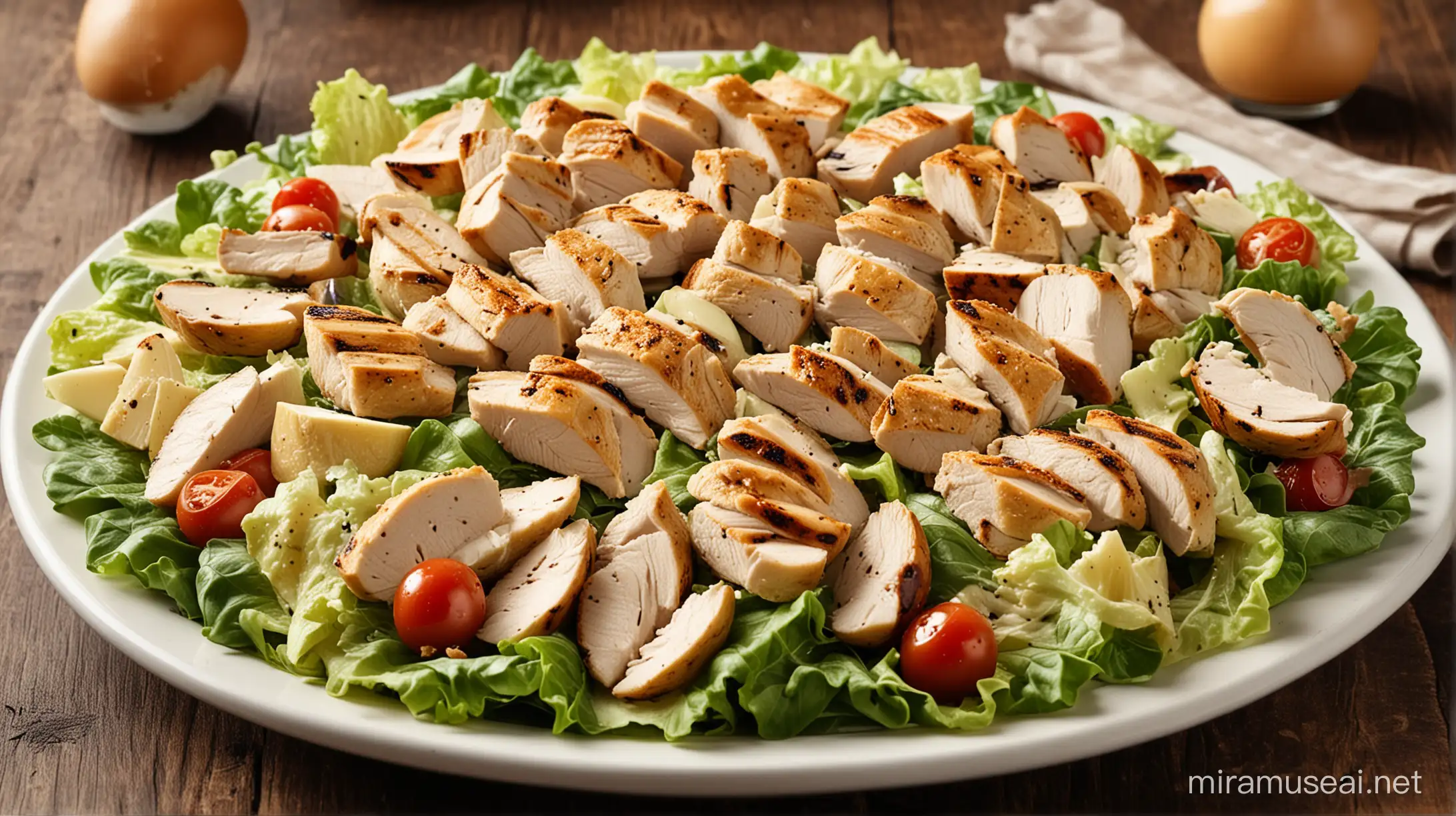 Grilled Chicken Caesar Salad, real and original hd image, make detailed and professional, make background bright and professional, make close and more realistic image, make more realistic like shoot image by phone's camera 