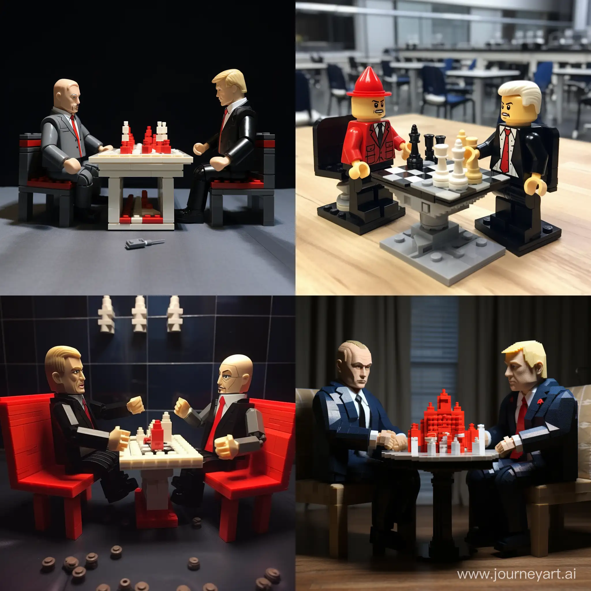 Putin als Lego Mann, spielt mit Trump als Lego Mann Schach
