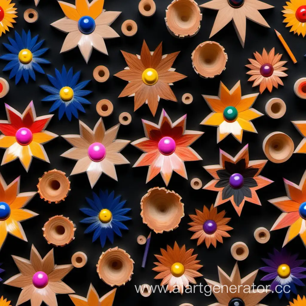 Pattern راتنجات الايبوكسي - أقلام ملونة ونشارة الخشب على شكل زهور، كهربائية، خلفية سوداء ،الصورة بجودة عالية 