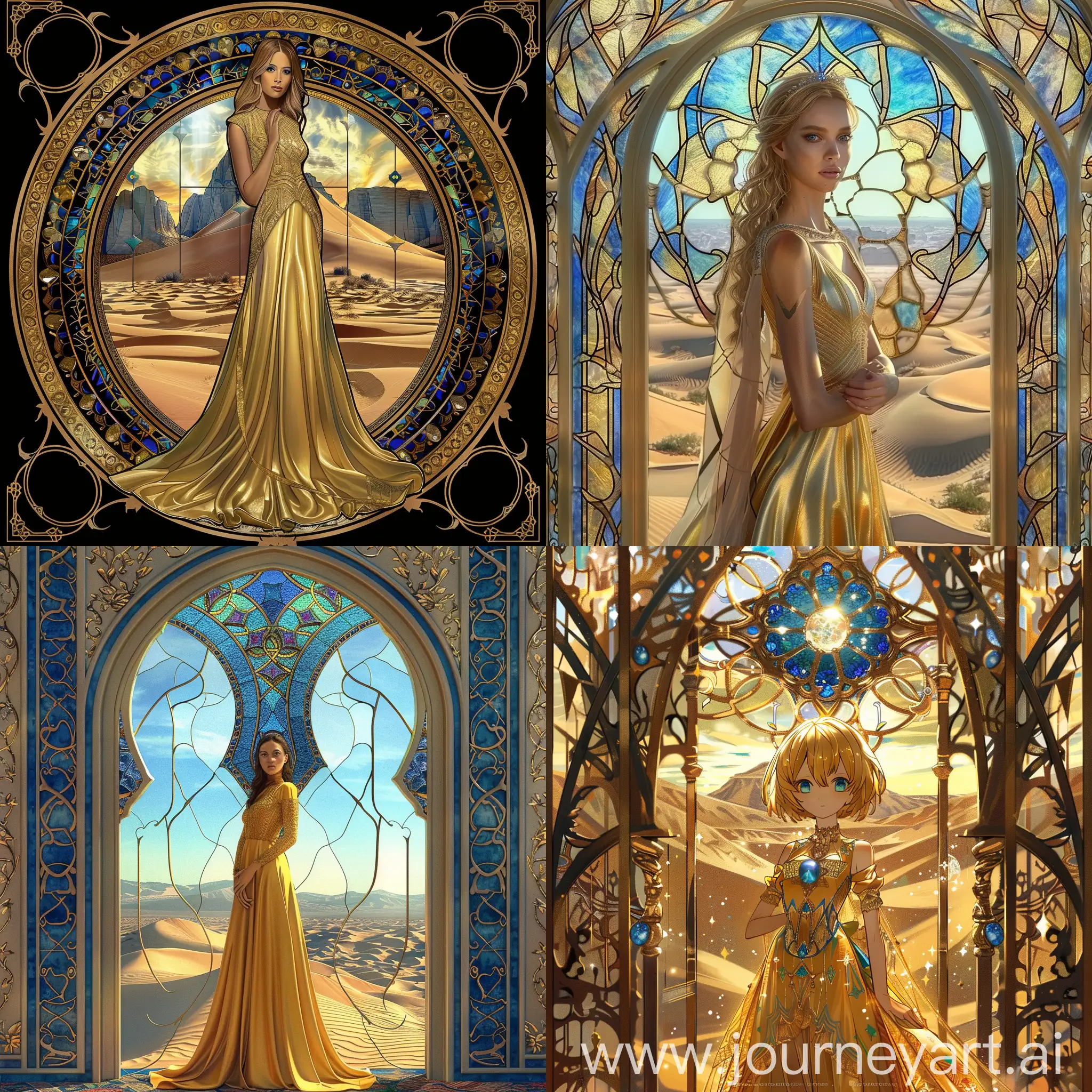Blue-eyes golden princess standing in front of an ornate stained glass window with the pattern of a giant desert, 32k 