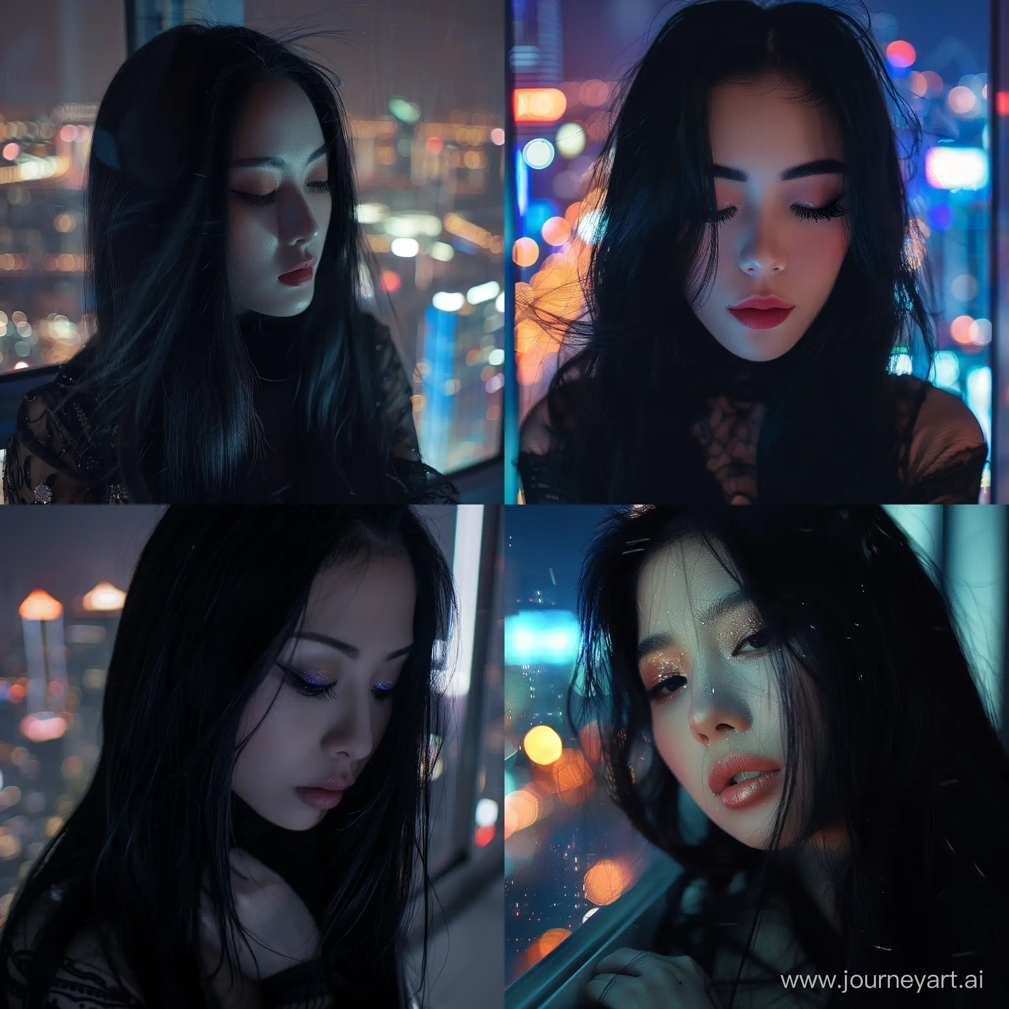 Instagram pfp aesthetic girl with long black hair through city night lights window looking down Asian makeup