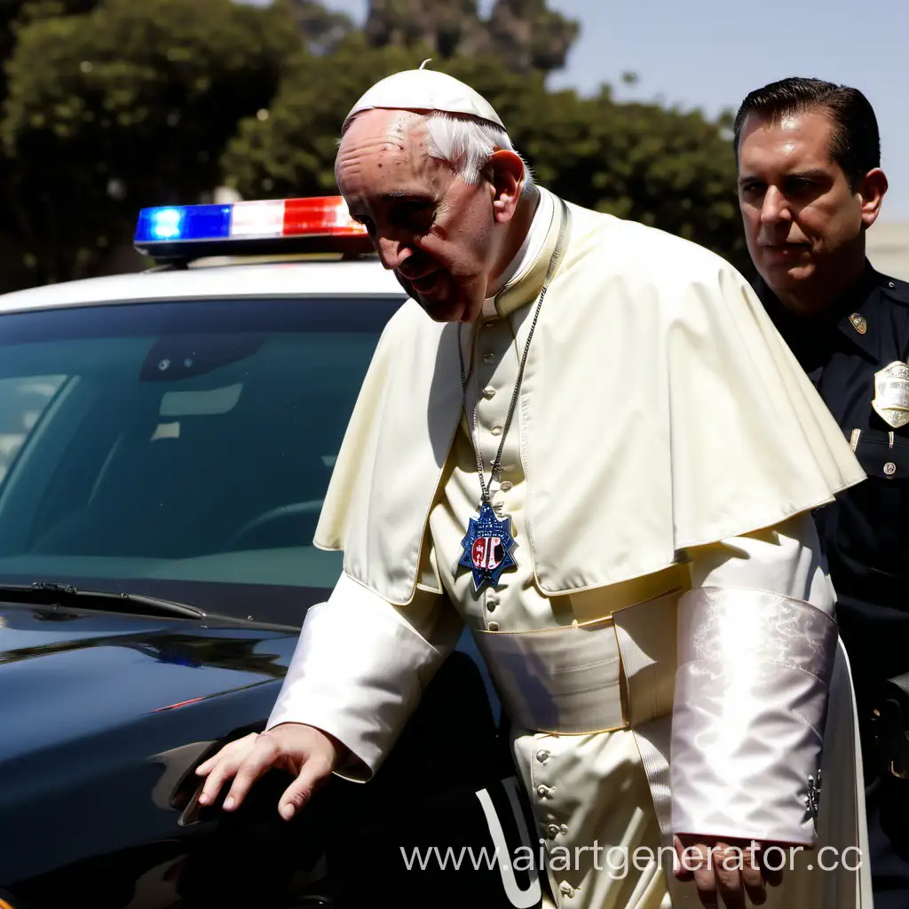 Папа римский с полицейским значком США Los angeles, с кардиналами ,рядом с полицейской машиной в los angeles