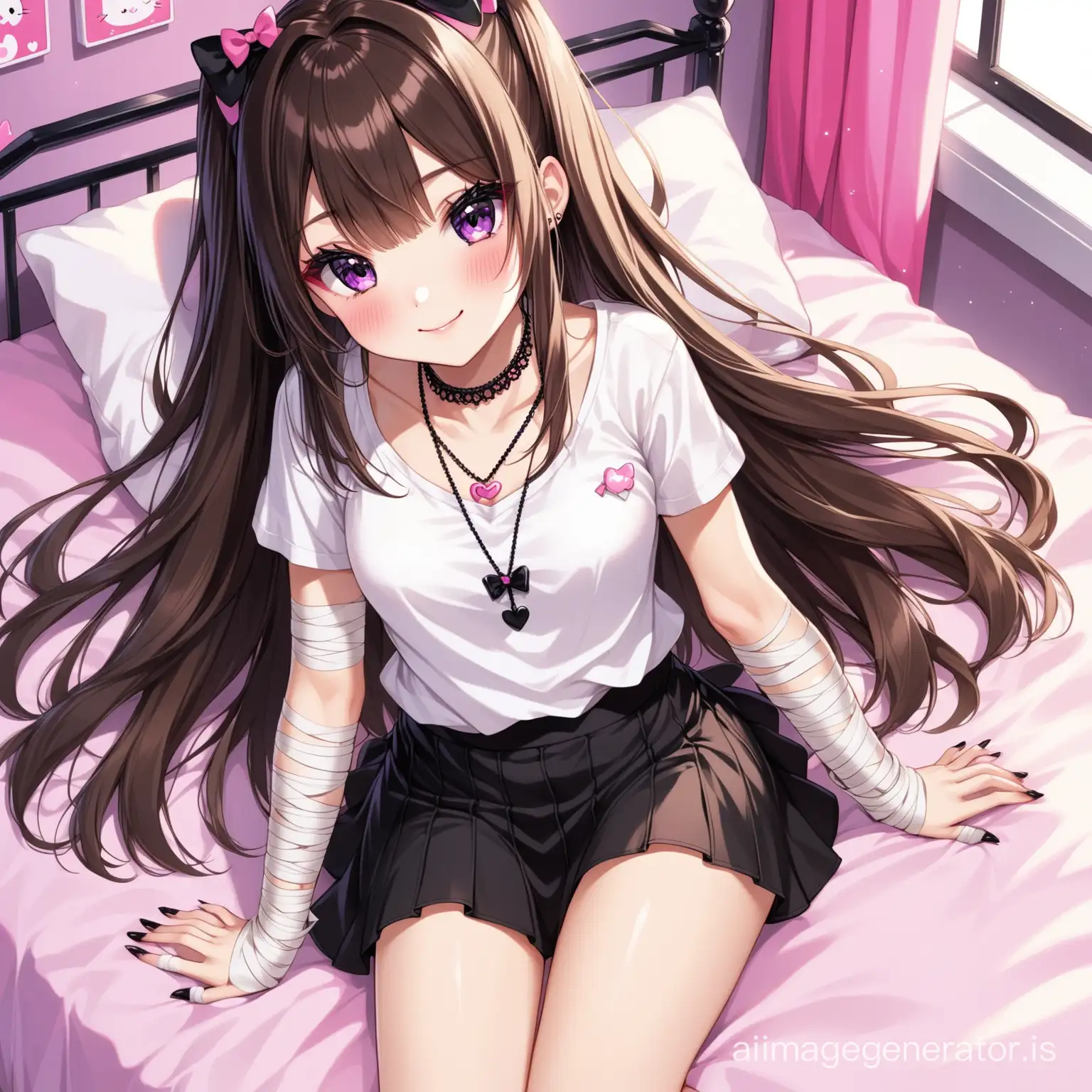 Girl with long dark-brown hair, has blonde strands, big dark purple eyes, red eyeliner, smiles, blush, bangs, necklace, white baggy undershirt, has bandages on her forearms, mini black skirt, black high thighs, skinny, black nails, kawaii core, has mini white and pink bows on her head and lies on a bed
