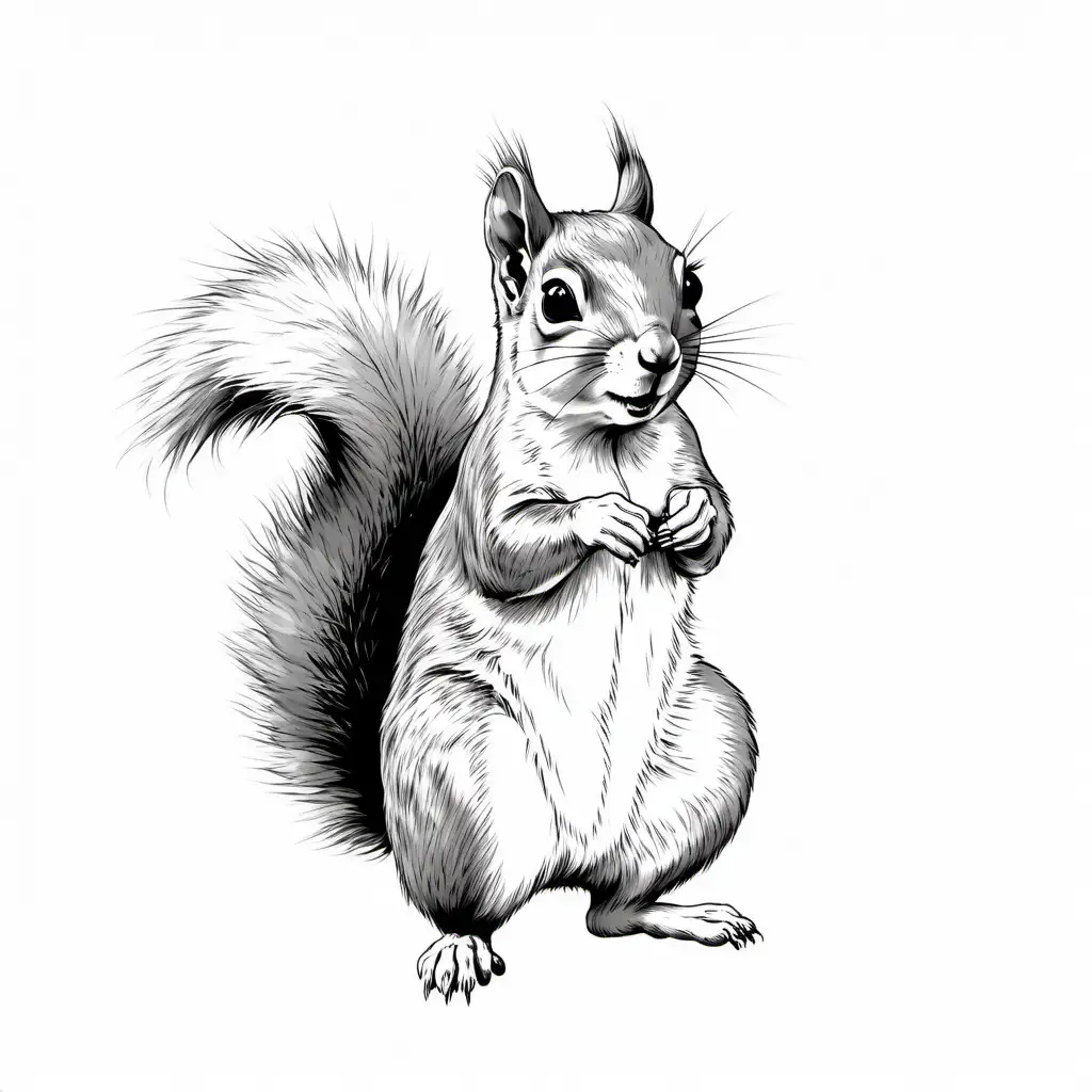 Squirrel in the style of Beatrix potter,  cute, black and white, white background