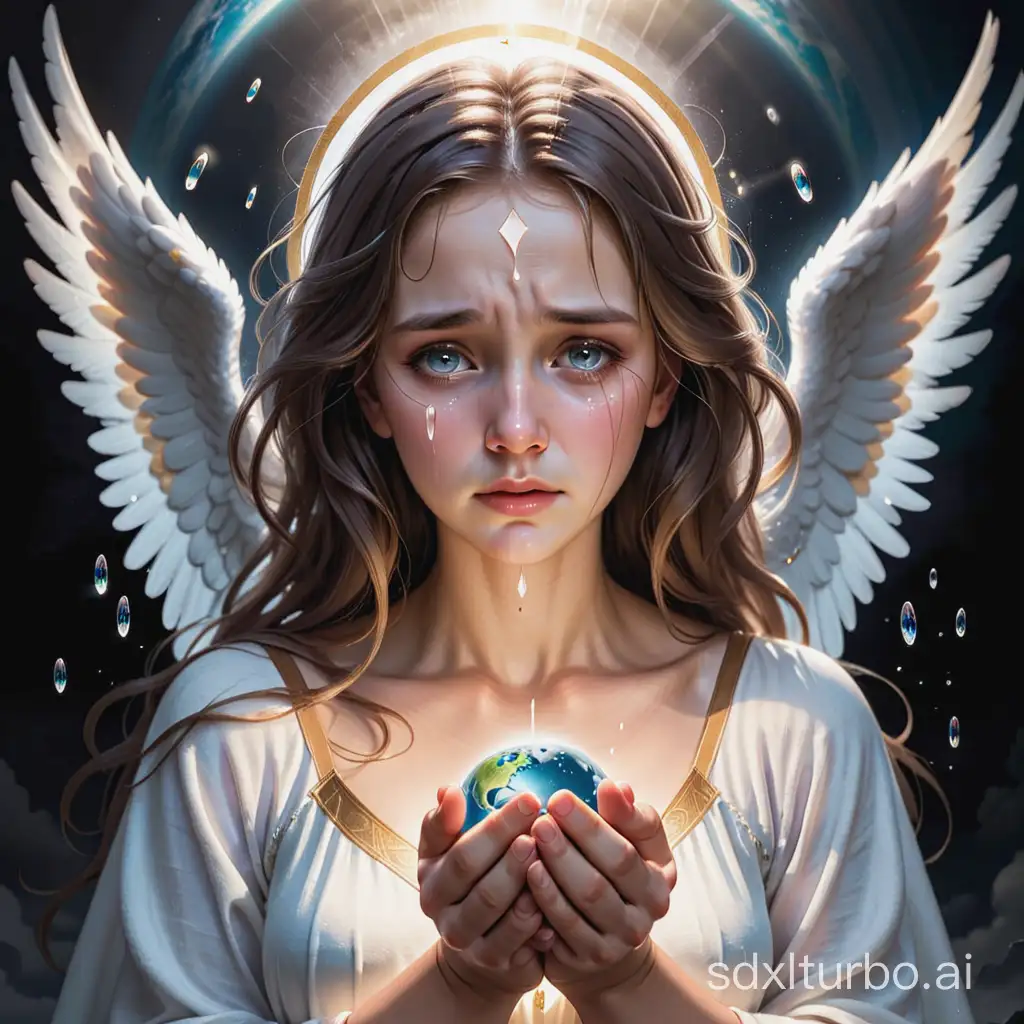 Angel of God with tears in her eyes  holding the world broken in her hands