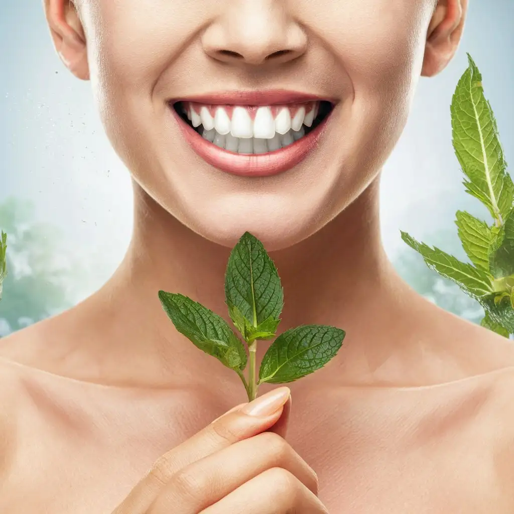 give me a image of a clean mouth with fresh breath make the picture look the teeth is sparkling and mint y fresh you can even add mint leaves 
