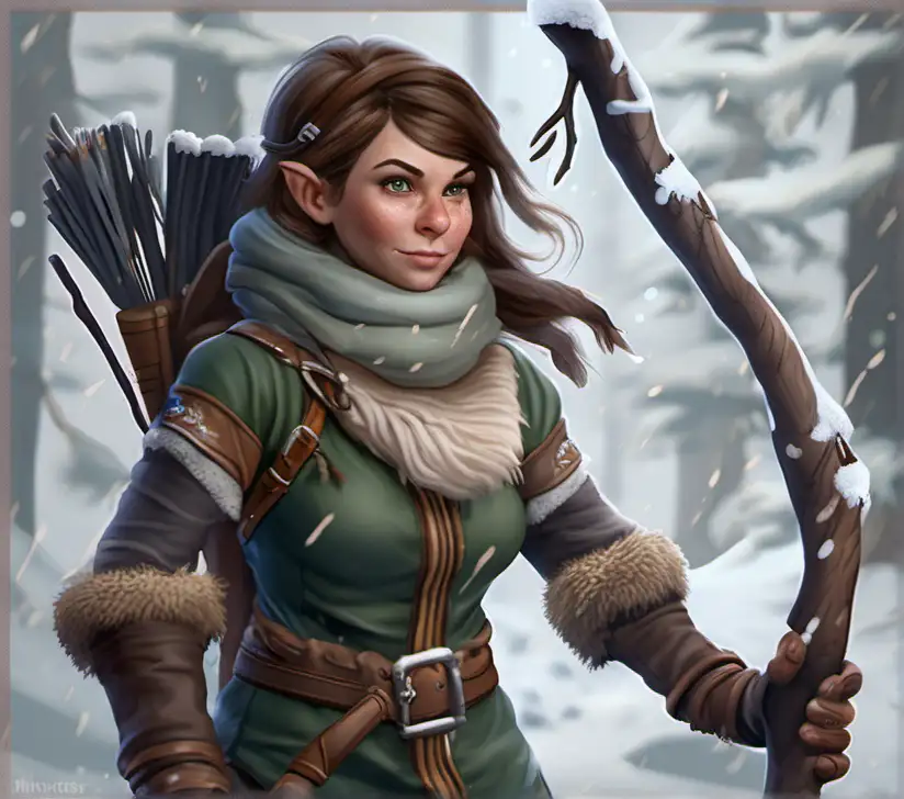 Gnome Female Ranger with Staff in Snowy Forest