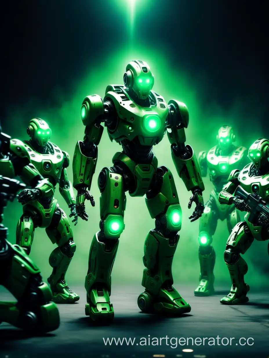 Encounter-of-OneEyed-Combat-Robot-and-GreenGlowing-Squad-in-Realistic-Scene
