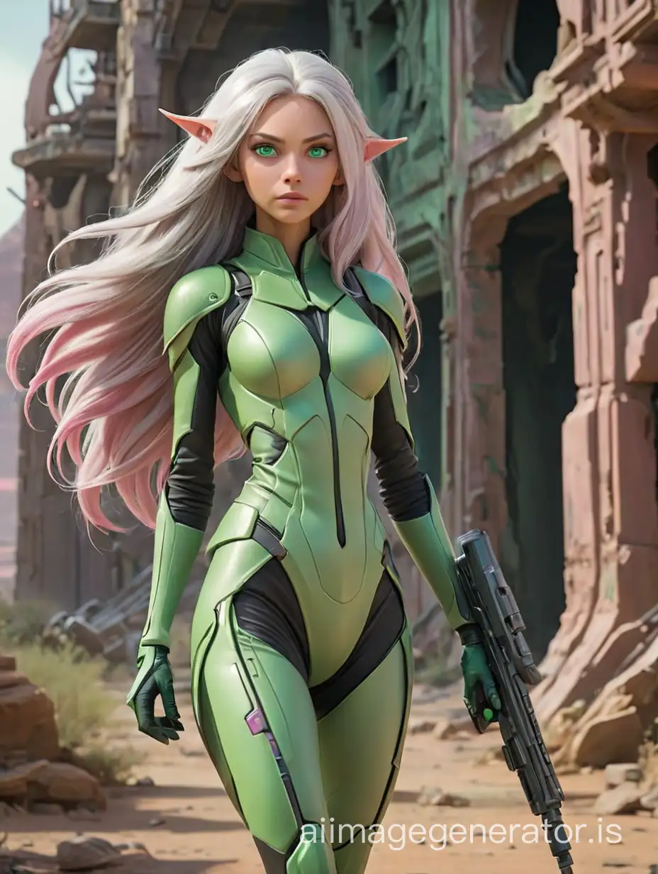 A pinkish space alien woman, with long silver hair, and green eyes, pointed ears, wearing pinkish colored and green futuristic space outfit, carrying a space rifle, walking toward a futuristic ruin from a short distance, on an alien planet.