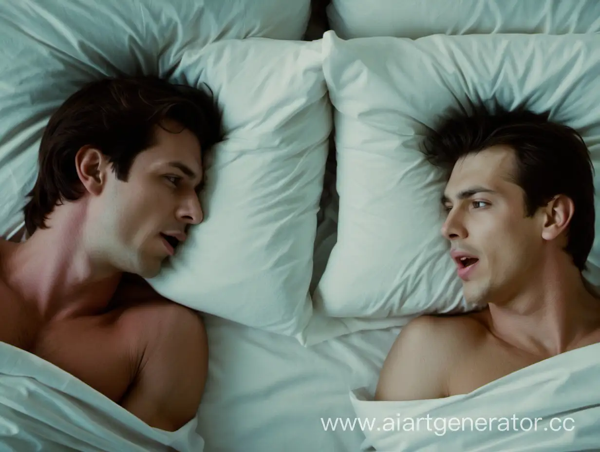 Два брюнета парня лежат в одной кровати, они повернуты друг к другу лицом