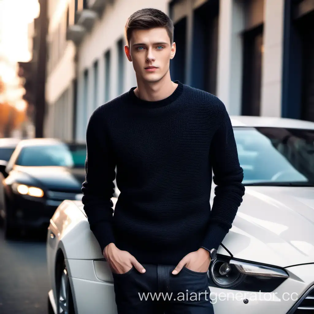 Handsome-Brunette-Man-Standing-by-White-Car-in-Urban-Setting