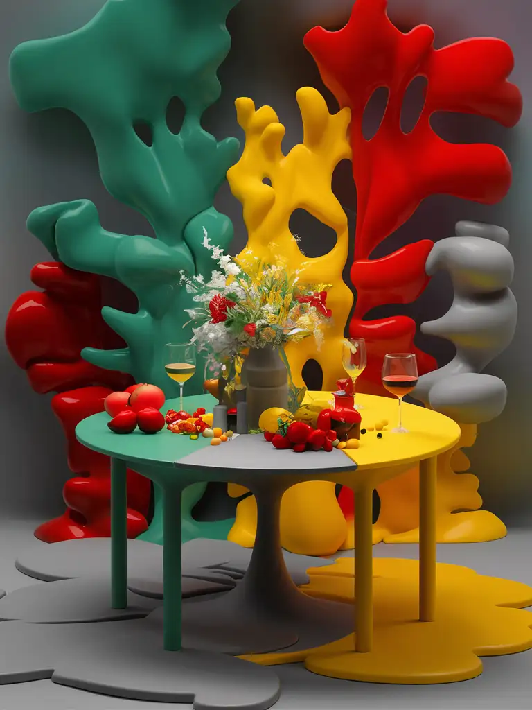 Vibrant-Artistic-Table-Setting-with-Green-Red-Yellow-and-Gray-Accents