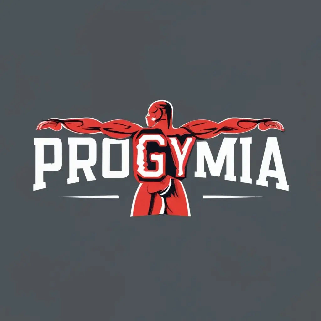 logo, red back muscle, with the text "progymnia", typography, be used in Sports Fitness industry