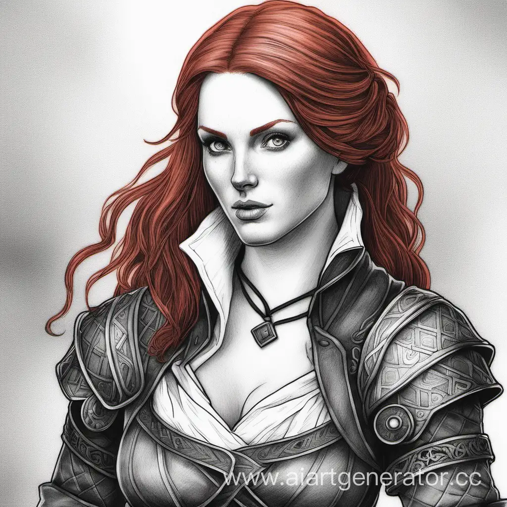 RedHaired-Triss-Black-and-White-Pencil-Drawing-with-Striking-Red-Hair