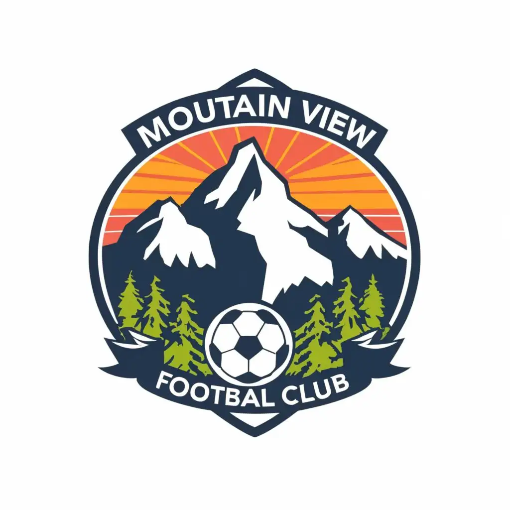 logo, mountain / hill/ soccer ball/ crest, with the text "Mountain View Football Club", typography