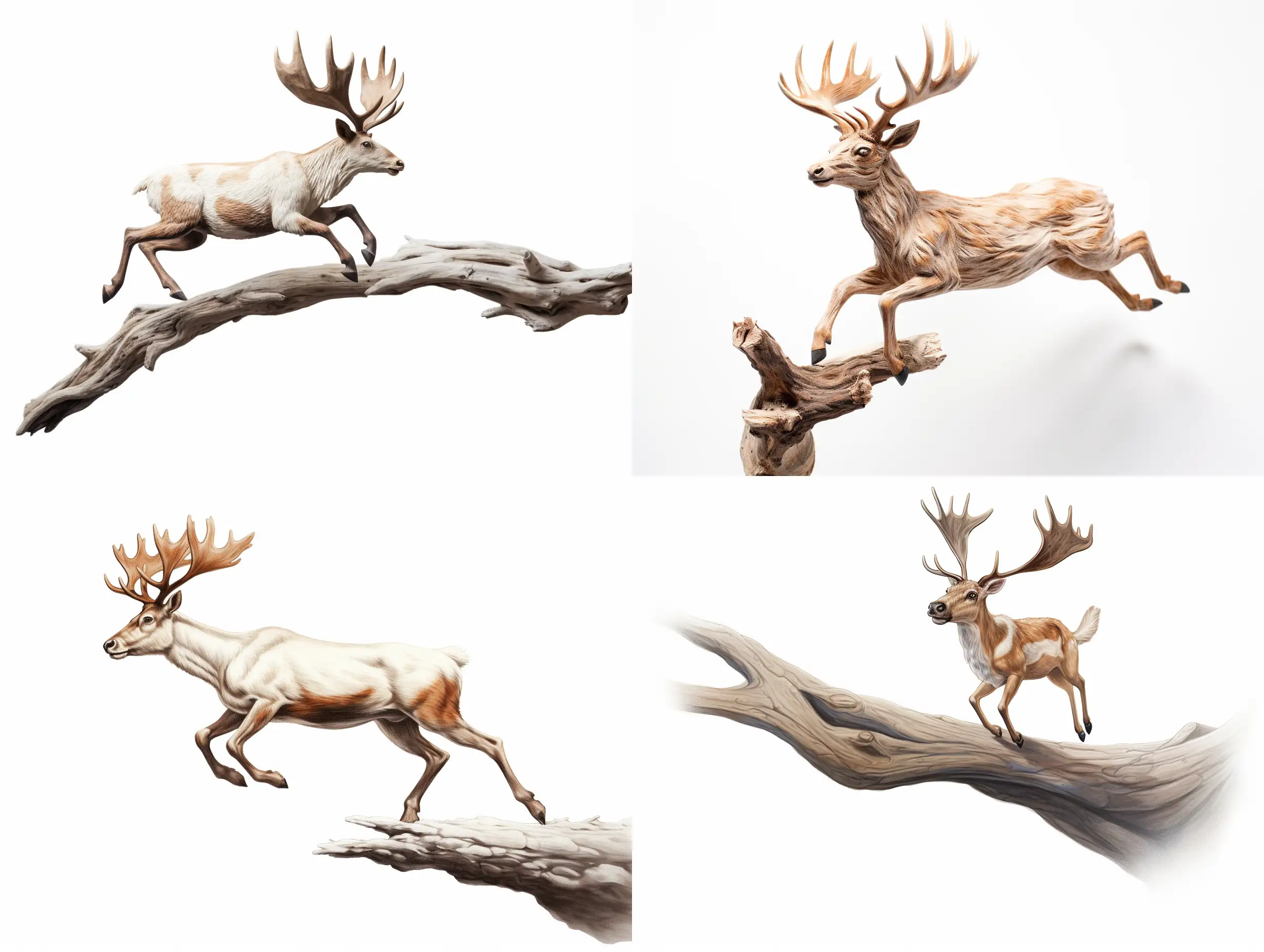 Professional sketch for wooden sculpture, a full-length reindeer concolor leap over a log top view, professional dynamic character, wood carving, white background, 8k Render, ultra realistic