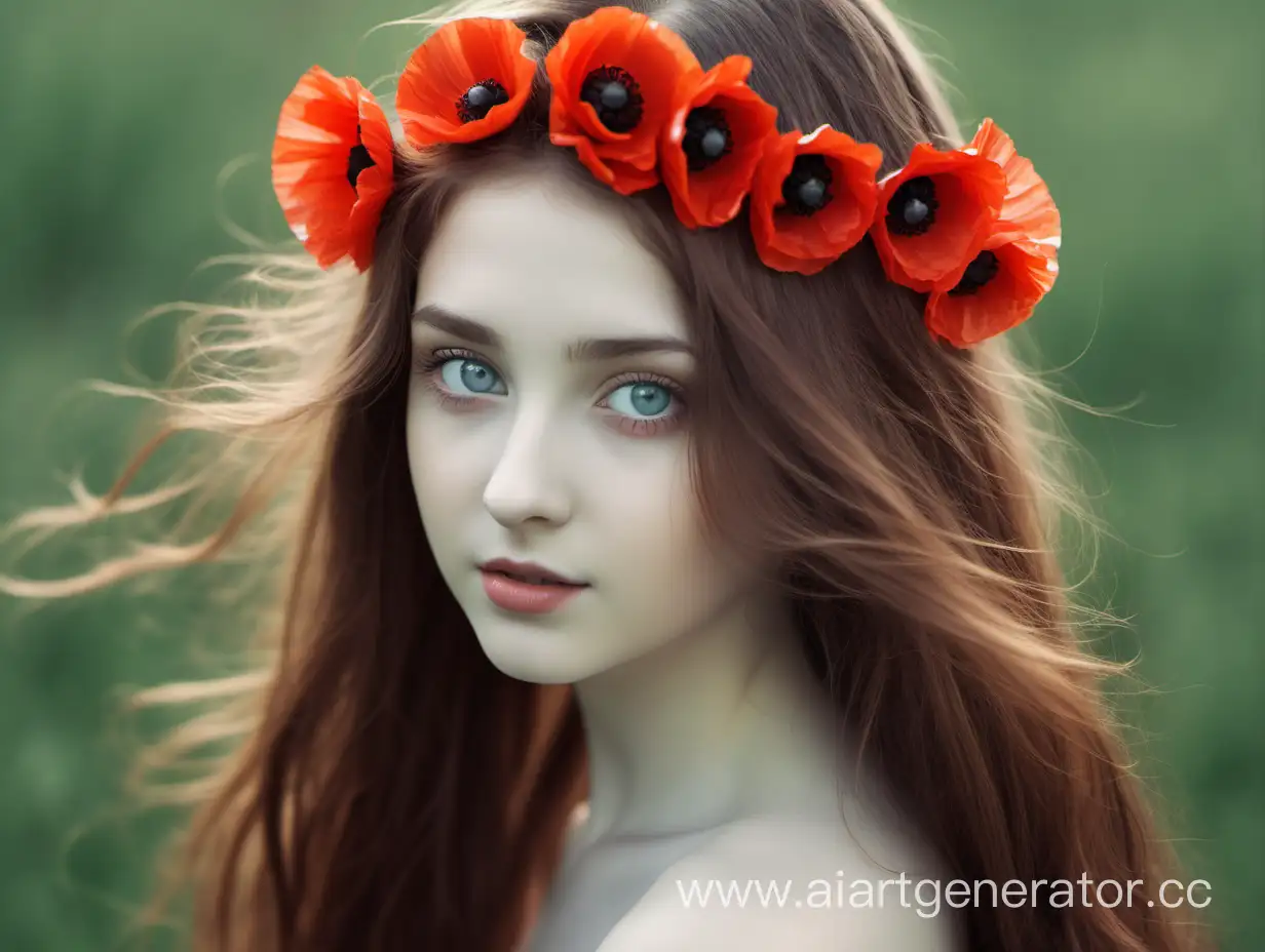 Девушка с длинными каштановыми волосами, серыми глазами, в волосах цветы мака