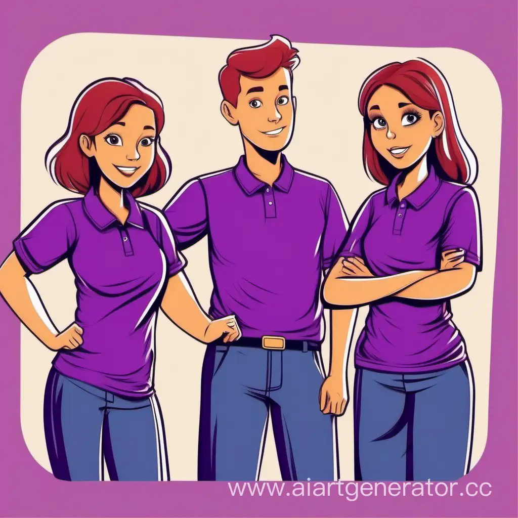 Cartoonstyle-Young-Teachers-in-Purple-Polo-Shirts-Pointing-to-School-Hints