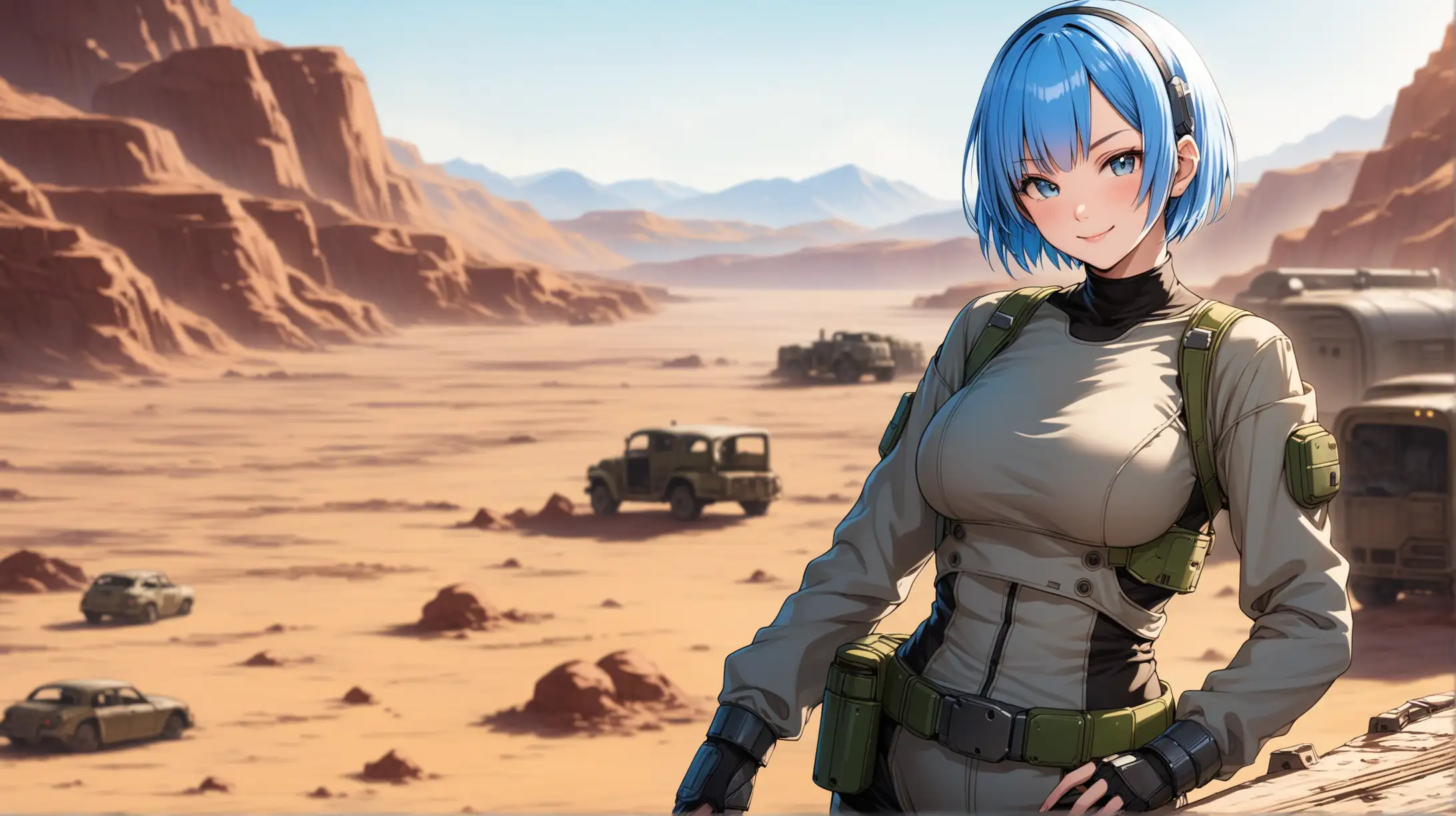 Draw the character Rem, high quality, in a relaxed pose, outdoors, wearing an outfit inspired from the Fallout series, smiling at the viewer