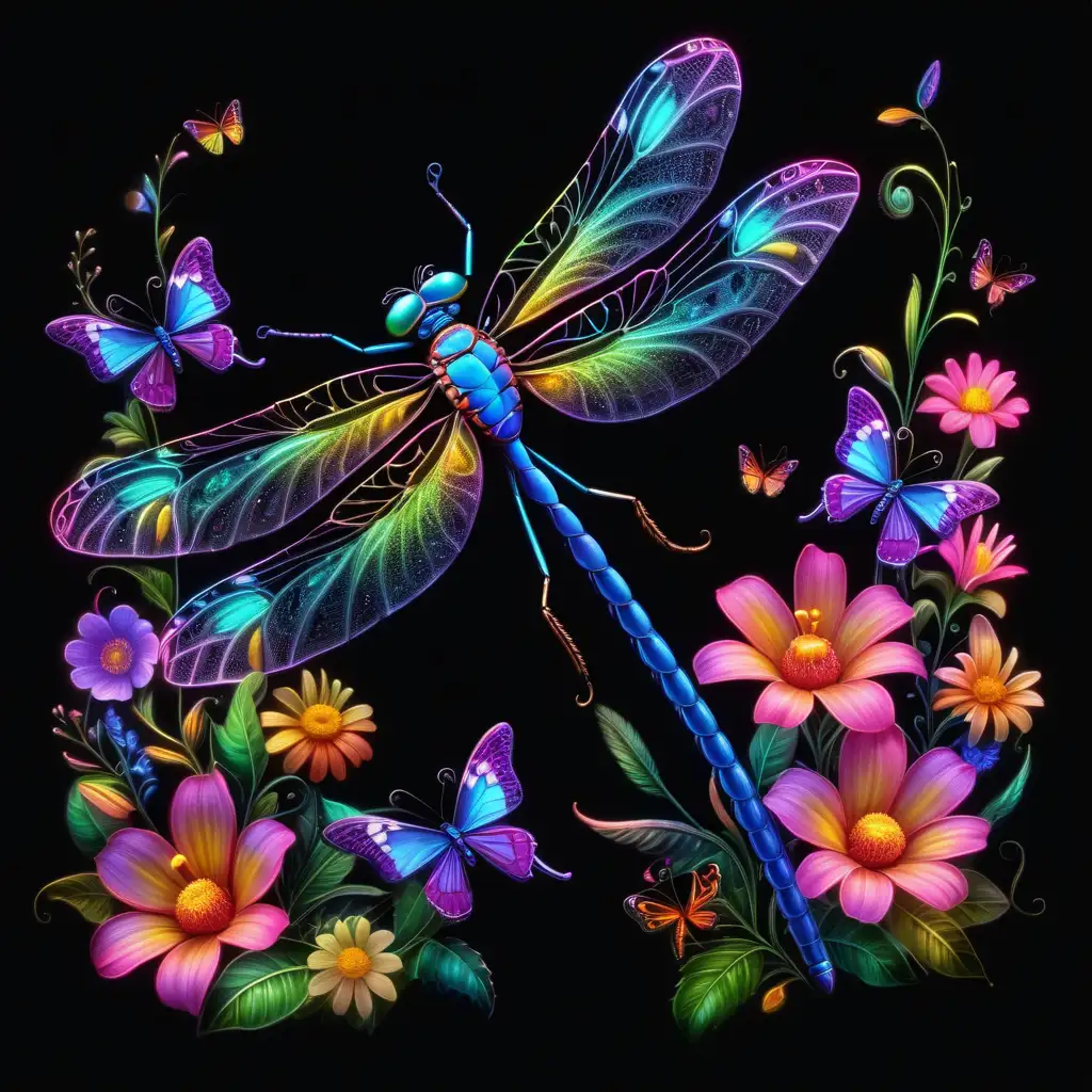 Enchanting Neon Dragonfly with Flowers and Butterflies on Black Background