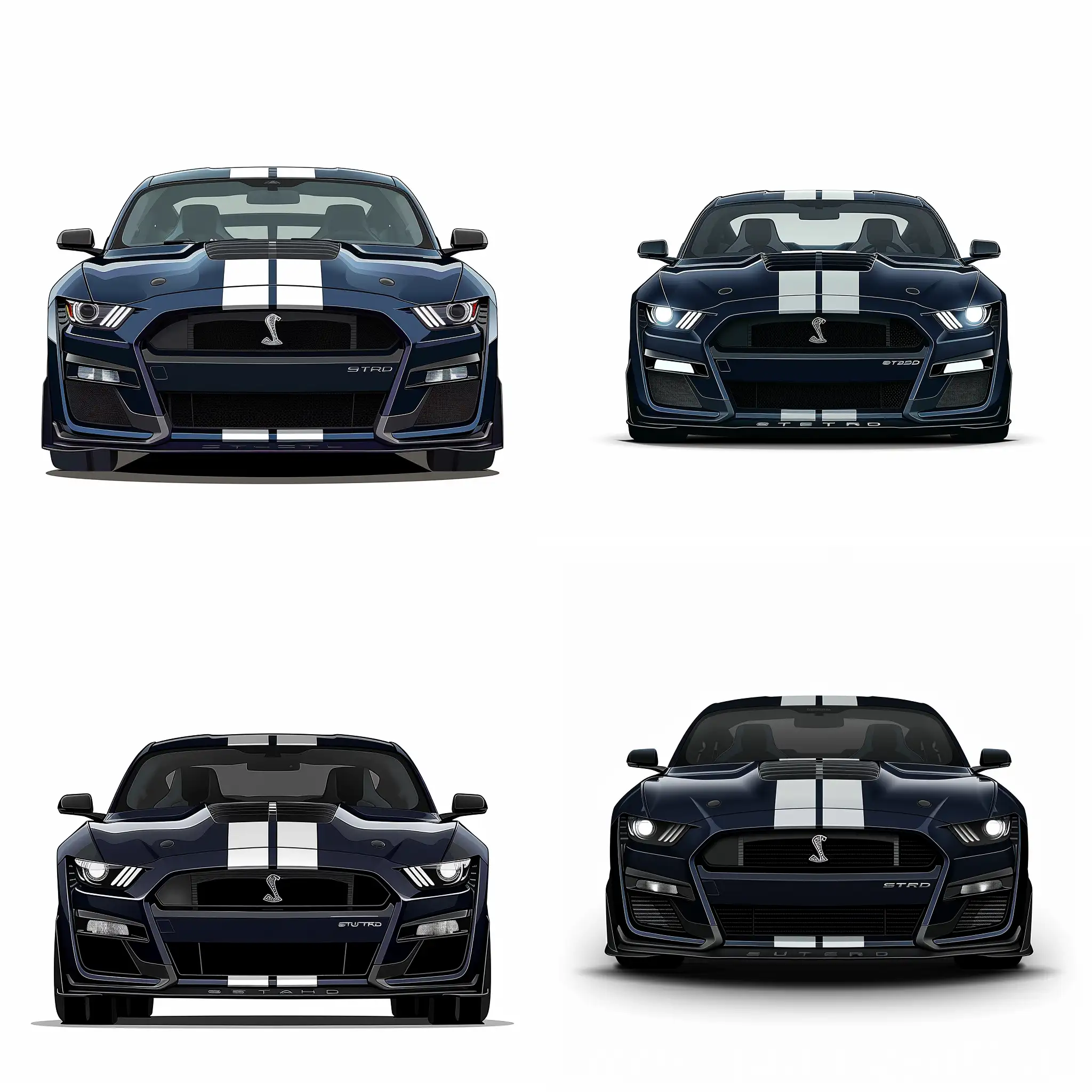 Minimalism 2D Car Front View Illustration of: Navy Blue Ford Mustang Shelby 2023, Simple White Background, Adobe Illustrator Software, High Precision