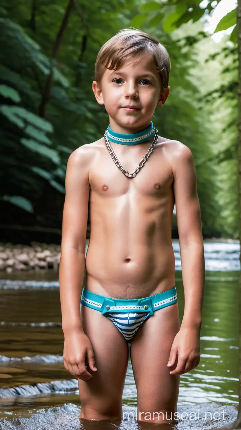 Niño europeo de 8 años collar de cadena solo usando briefs en un río enmedio de un bosque