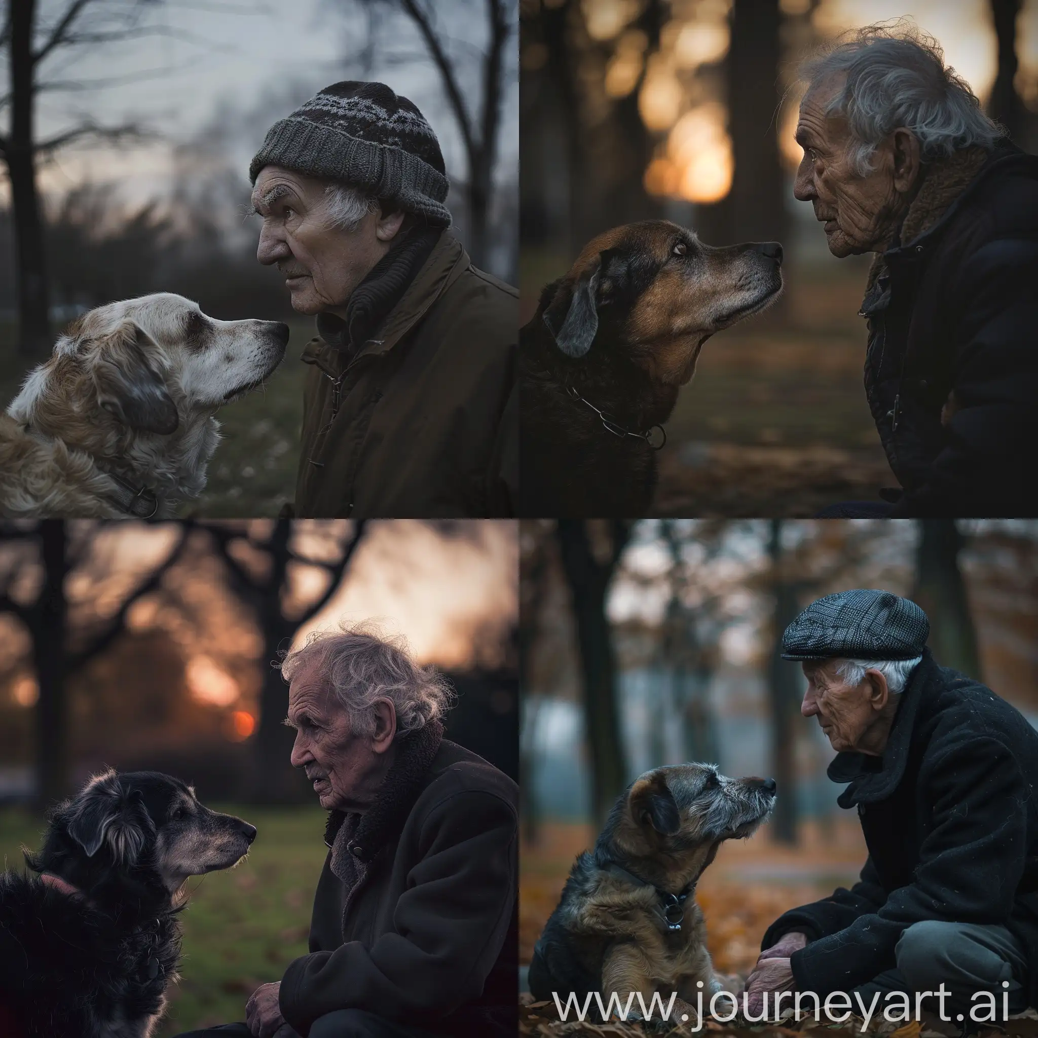 一个老人，带着一条老狗，公园，黄昏，对视