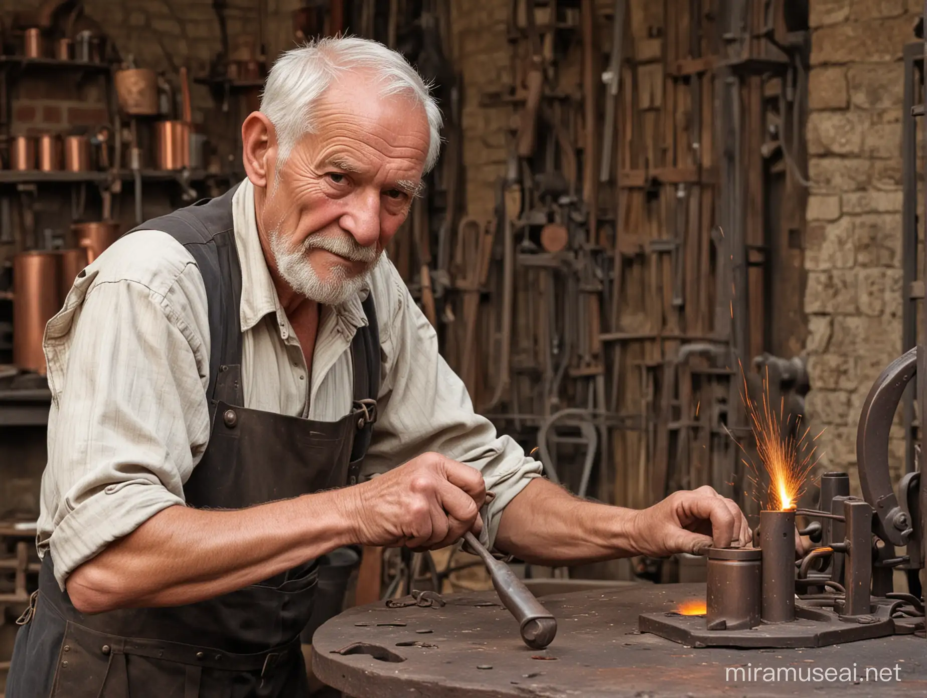 An old man working as a coppersmith. He looks wise and eager. 