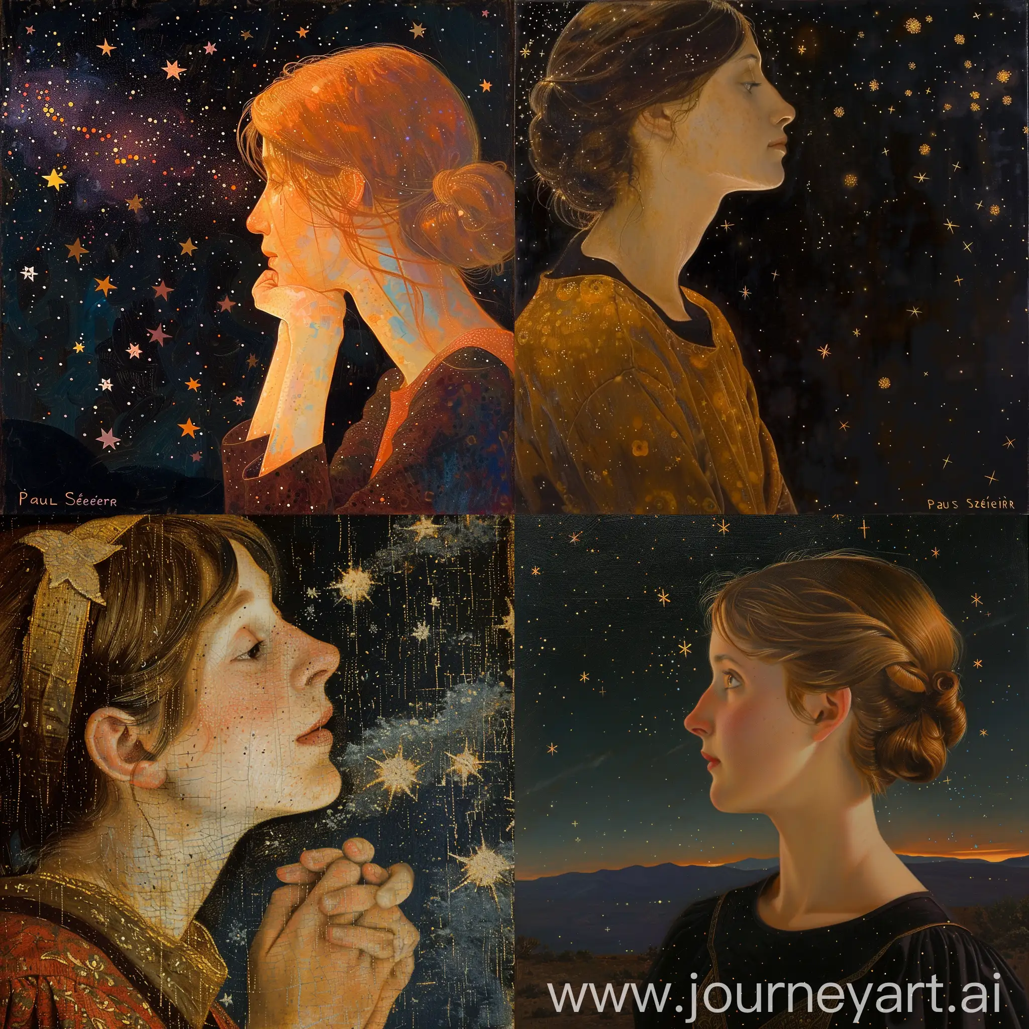 génère la peinture d'une jeune femme regardant les étoiles dans le style de Paul Sérusier, le format de l'image doit être vertical