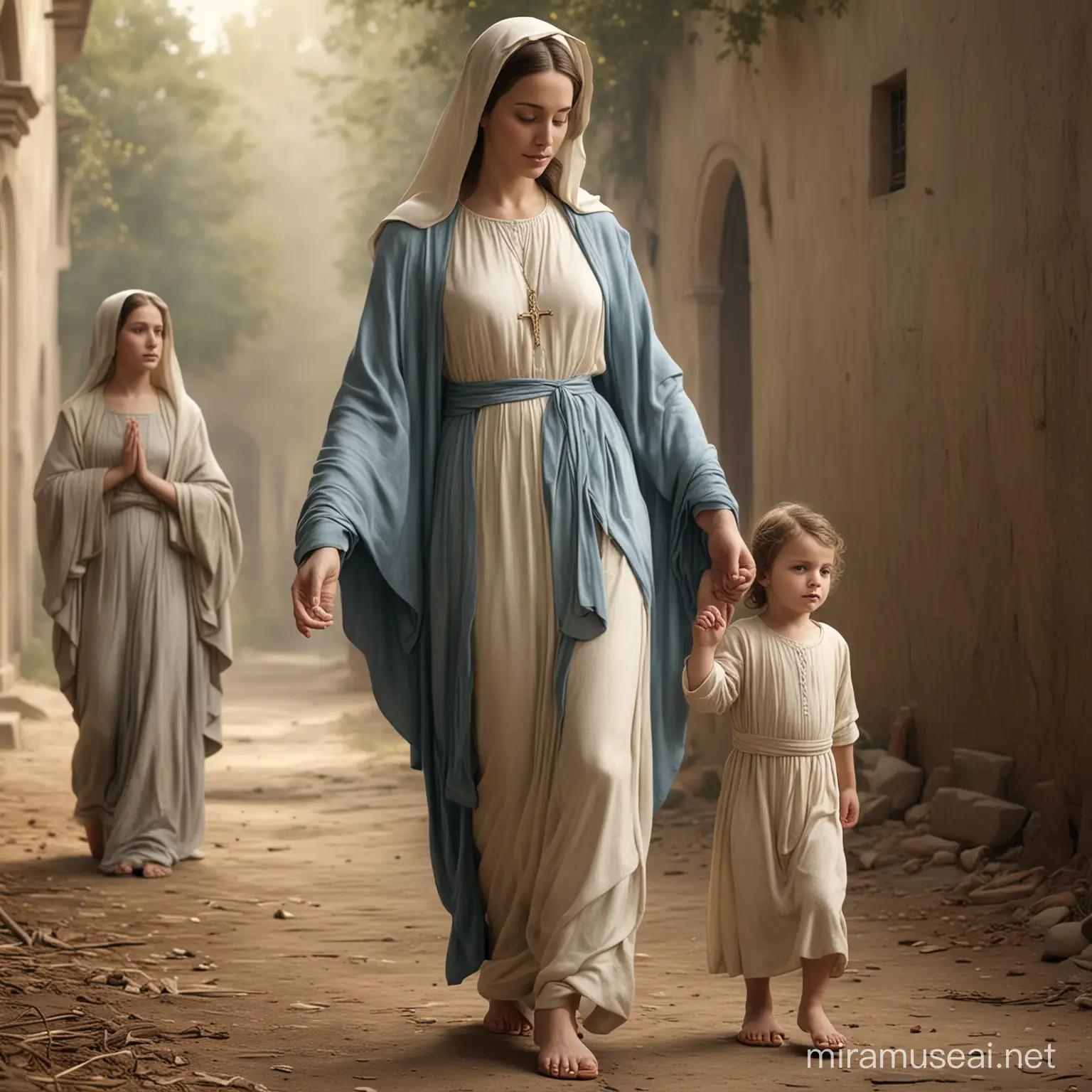 realistic image, Virgin Mary, mother of Jesus Christ, walks Young woman wearing clothing from the era corresponding to the era before Christ, but with a deep, serene look conveying peace and angelic happiness