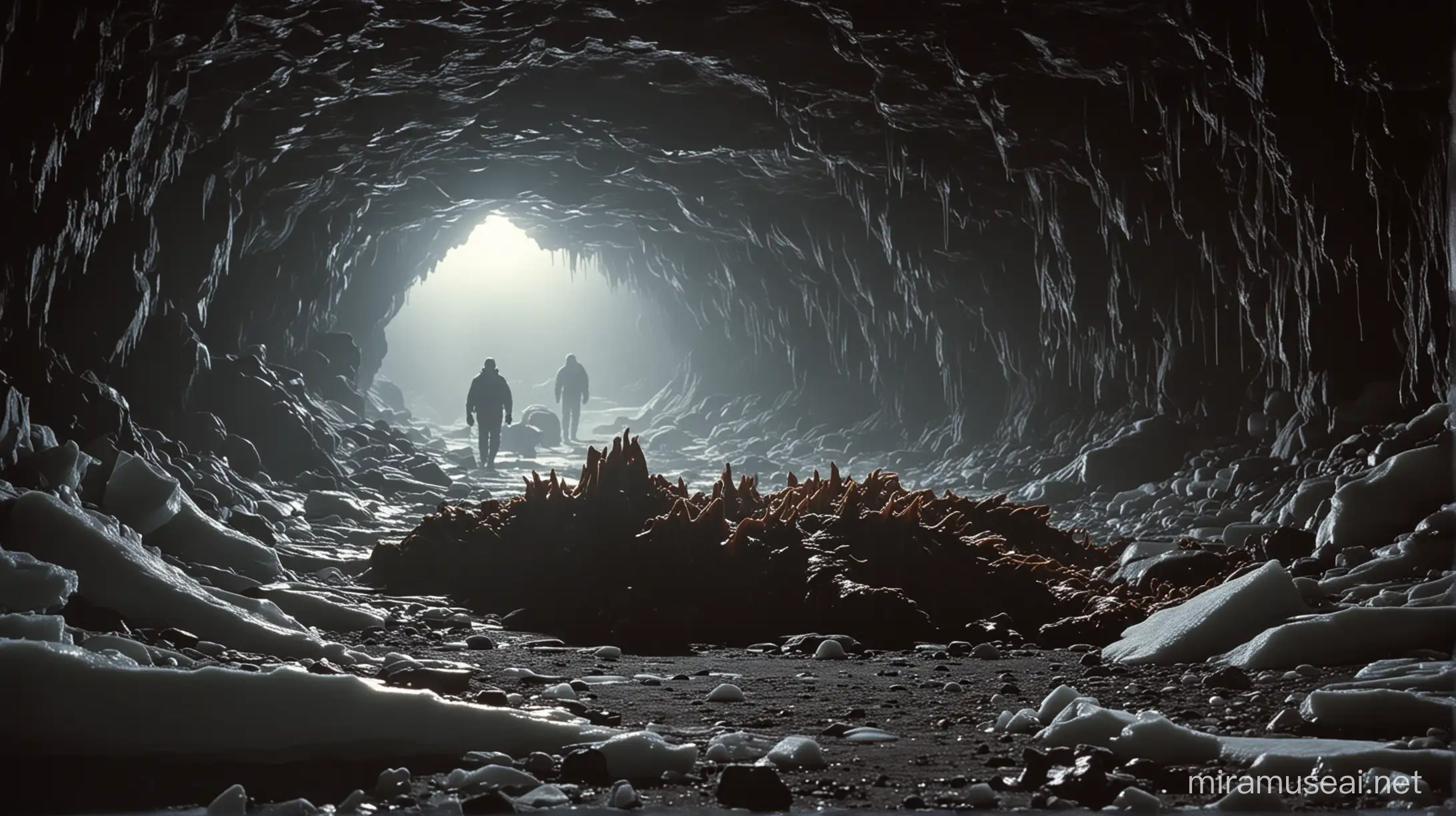 cinematic still, film by john carpenter, the thing, antarctica, dark cavern, sunlight shining from top of cavern, dead nightgaunt monster lying on ground