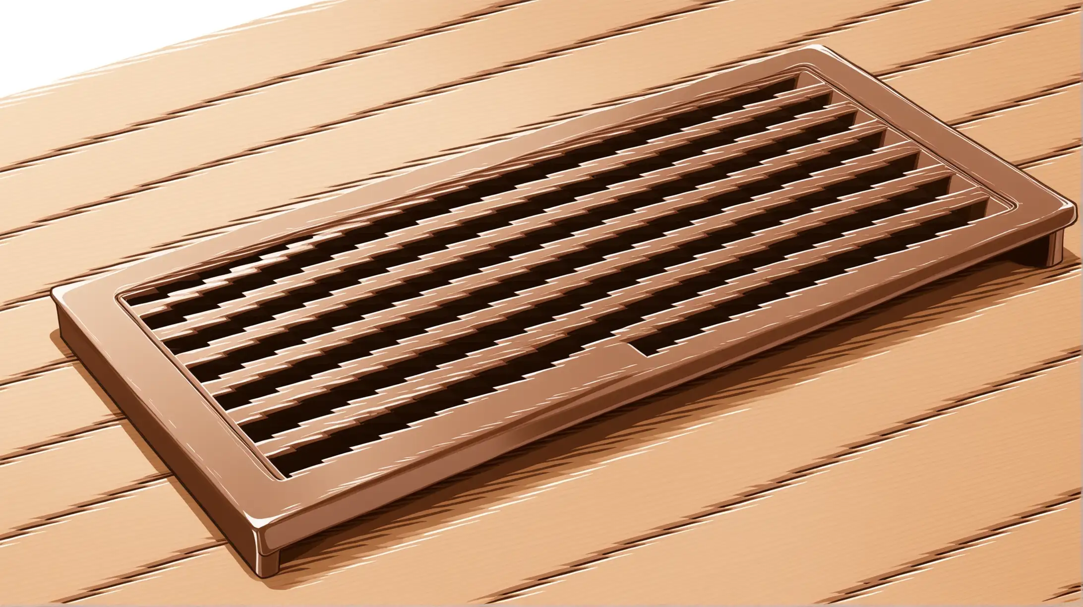 Illustration of a rectangular brown floor vent on a white background. Close up
