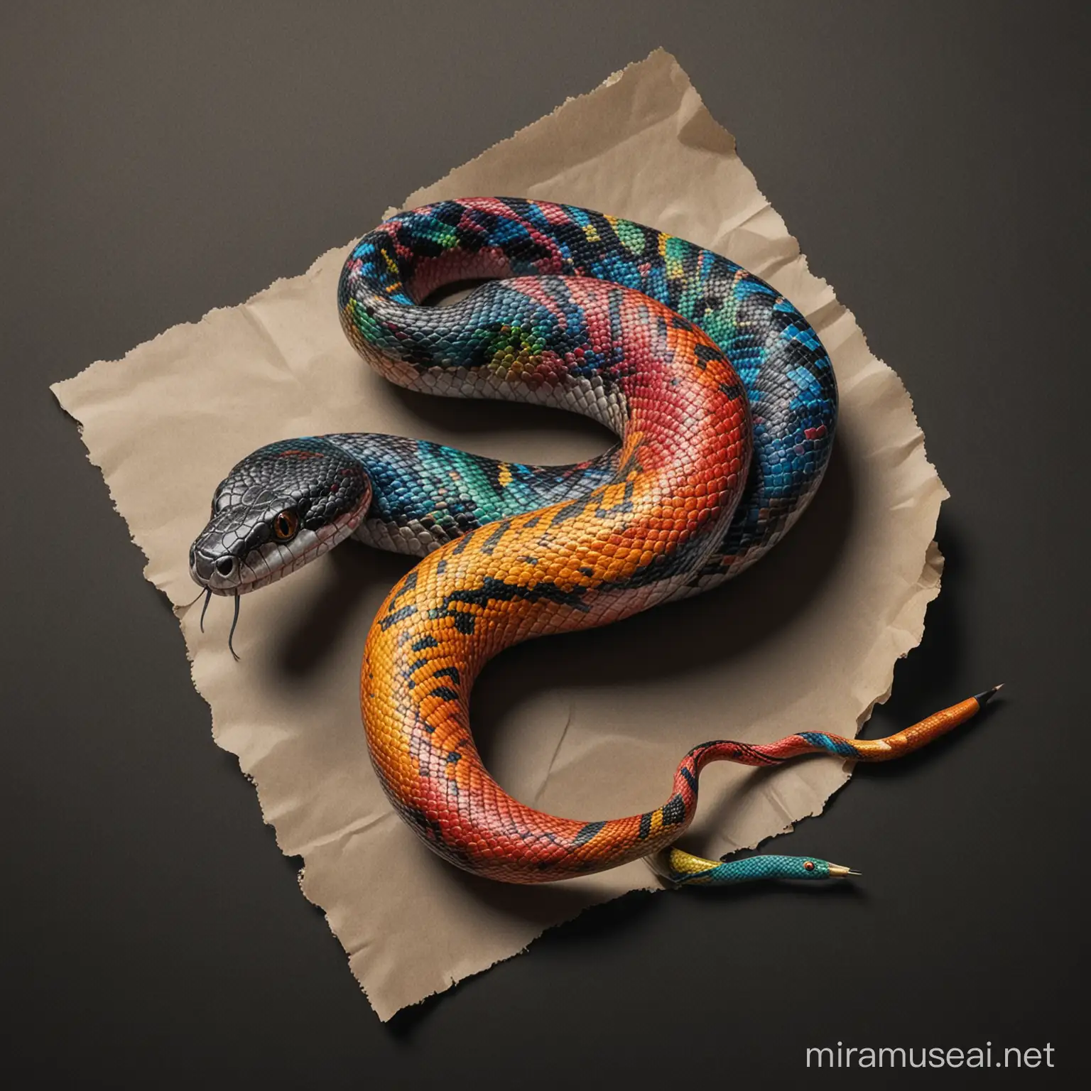 immagine di un serpente variopinto con atteggiamento aggressivo e la coda che termina a forma di matita colorata e striscia su un pezzo di carta accartocciata. Realistico e con fondo nero