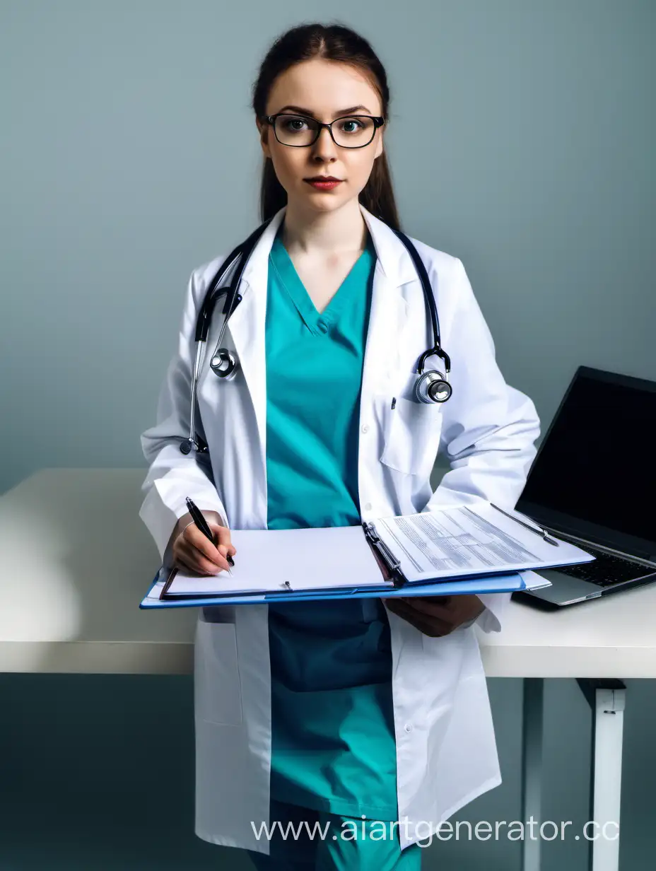 Девушка стоит рядом со столом. Стоит в медицинской форме. В руках держит Папку с документами. На столе  ноутбук.