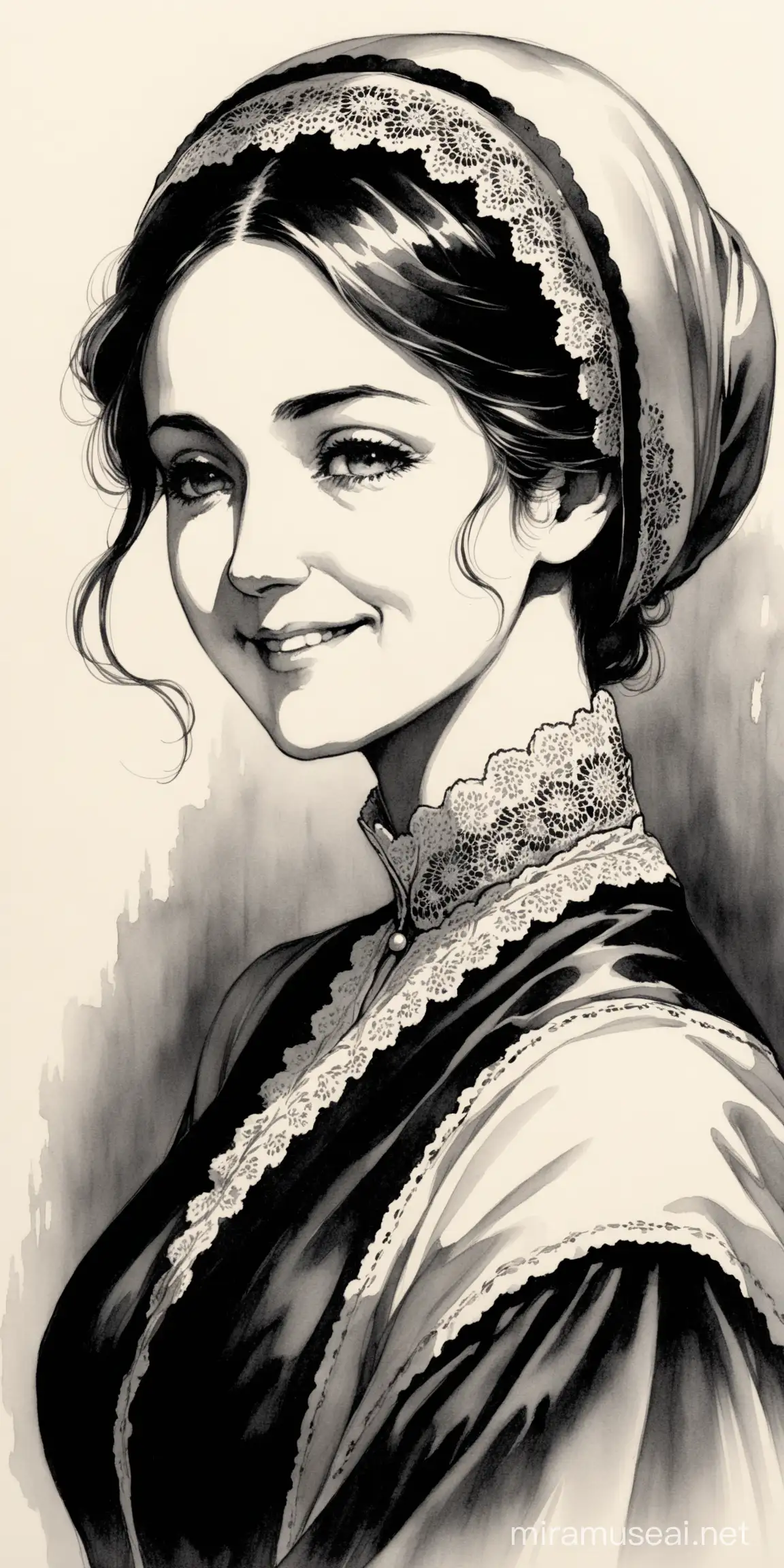 mature noble woman, motherly smile, victorian age, ink painting, black and white, shadow over face