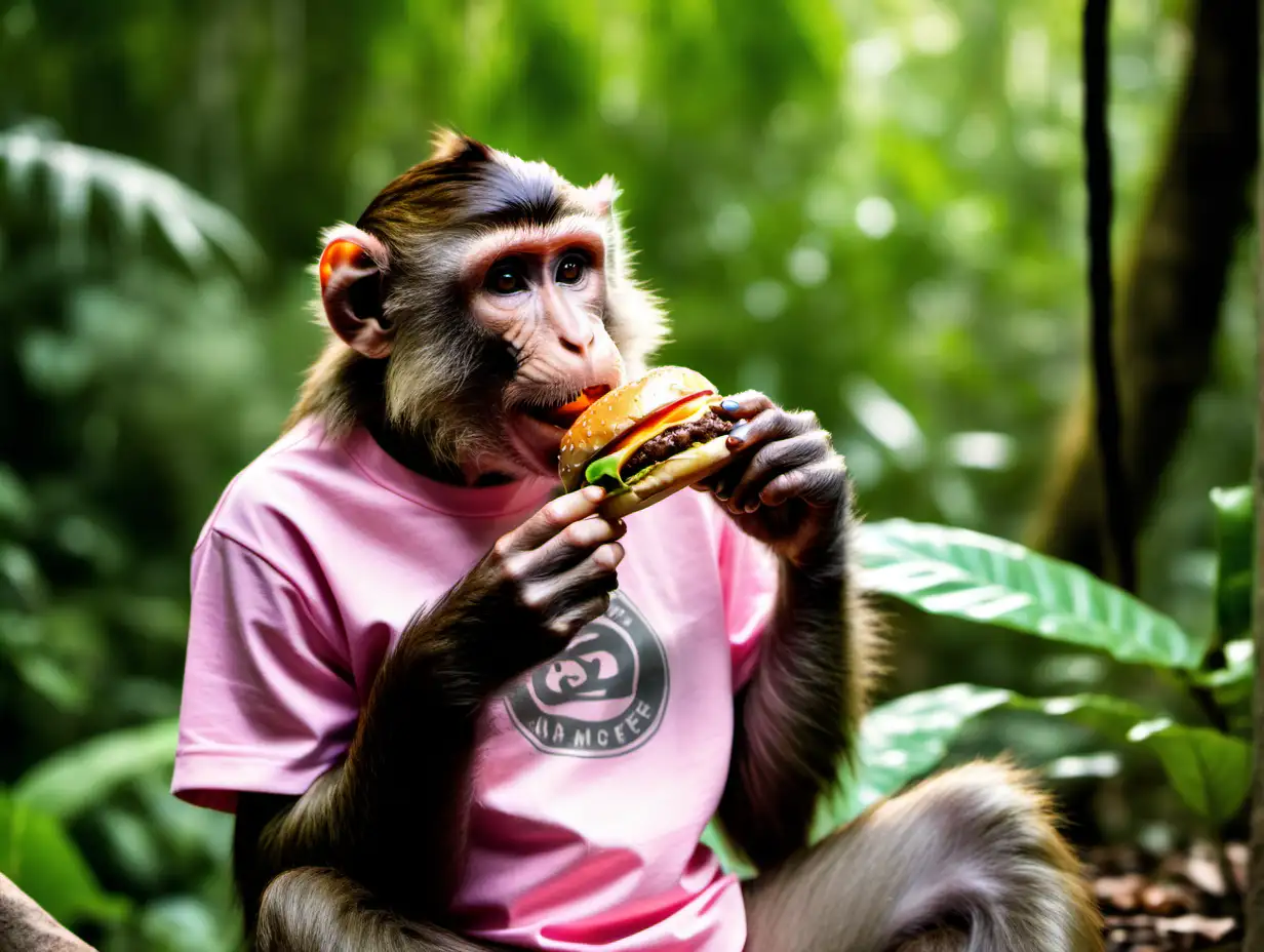 monkey eating a burger in the jungle wearing a pink t-shirt