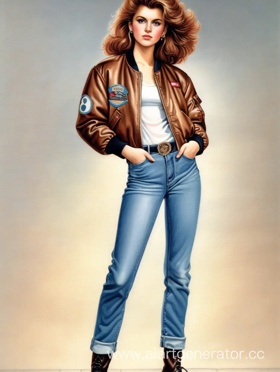 girl with chestnut hair in a bomber jacket, retro 80s style, jeans, and boots
