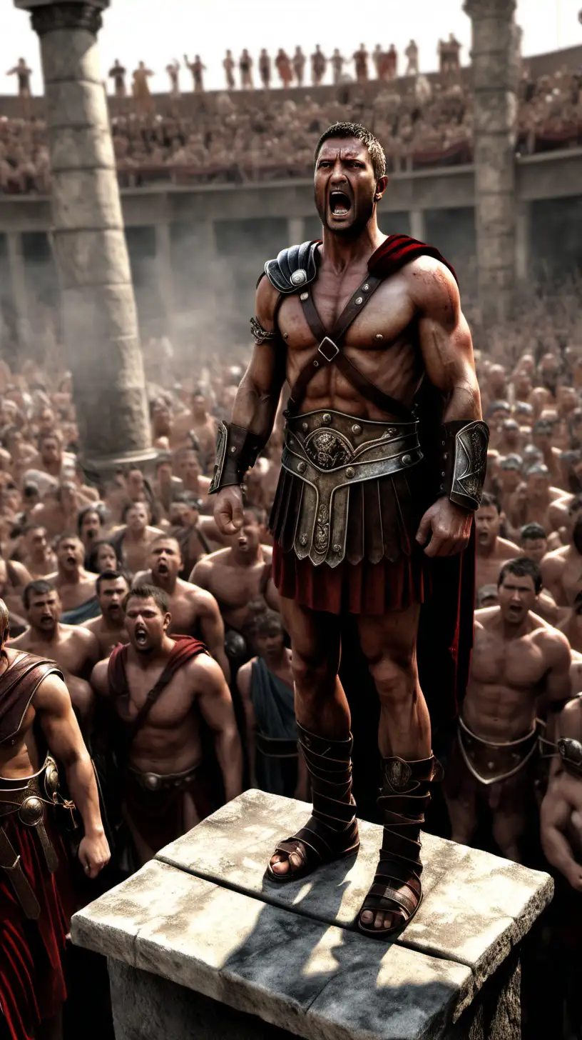 /imagine prompt: Realistic, personality: [Spartacus, standing on a raised platform, delivers a powerful speech to his followers. His voice booms with conviction, his face reflecting a mix of anger and determination. The camera captures the crowd's reaction, their faces filled with hope and determination. The shot signifies the unity and strength of Spartacus's rebel army, ready to challenge the might of Rome]unreal engine, hyper real --q 2 --v 5.2 --ar 16:9