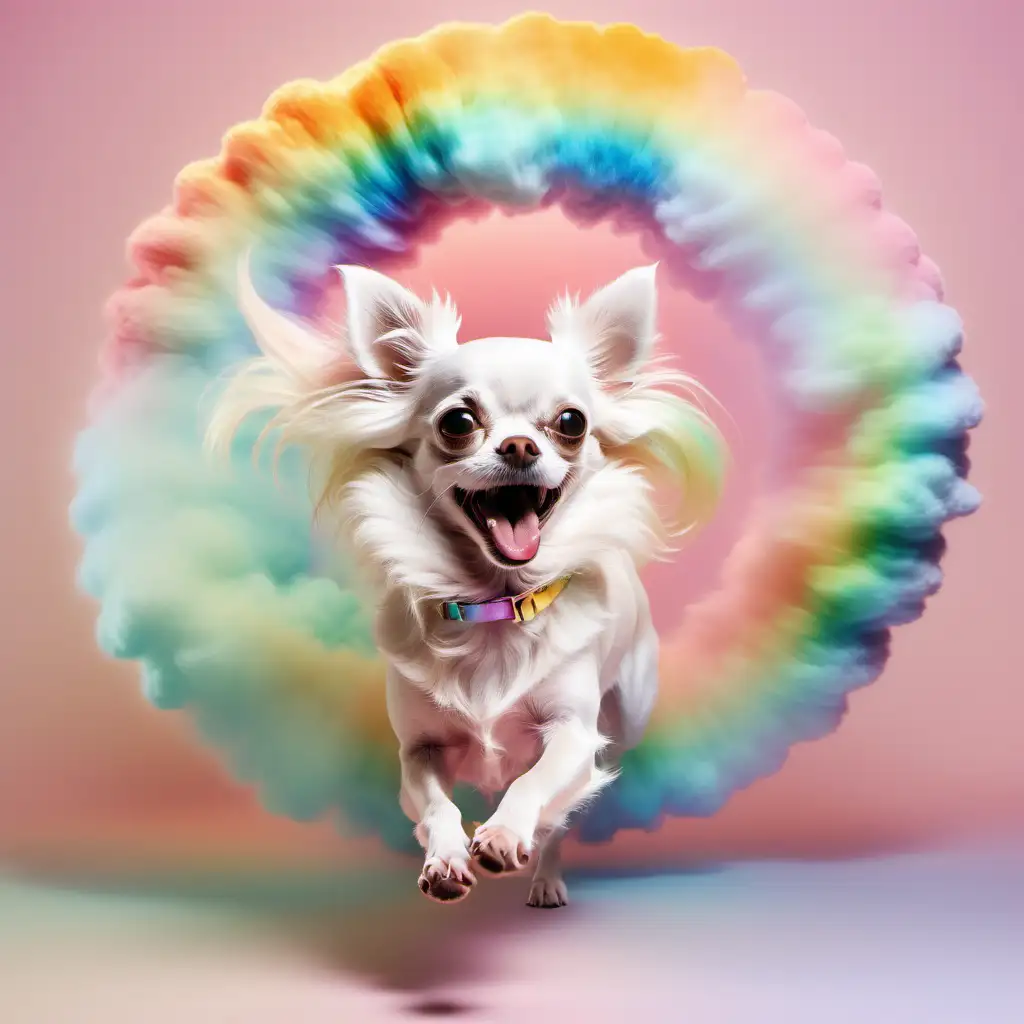 Background is filled transparent pastel clouds. Front White, furry,, long hair, chihuahua dog is running fast out from neon colored rainbow, dogs profile, legs wide open, mouth slight open, happy feeling,