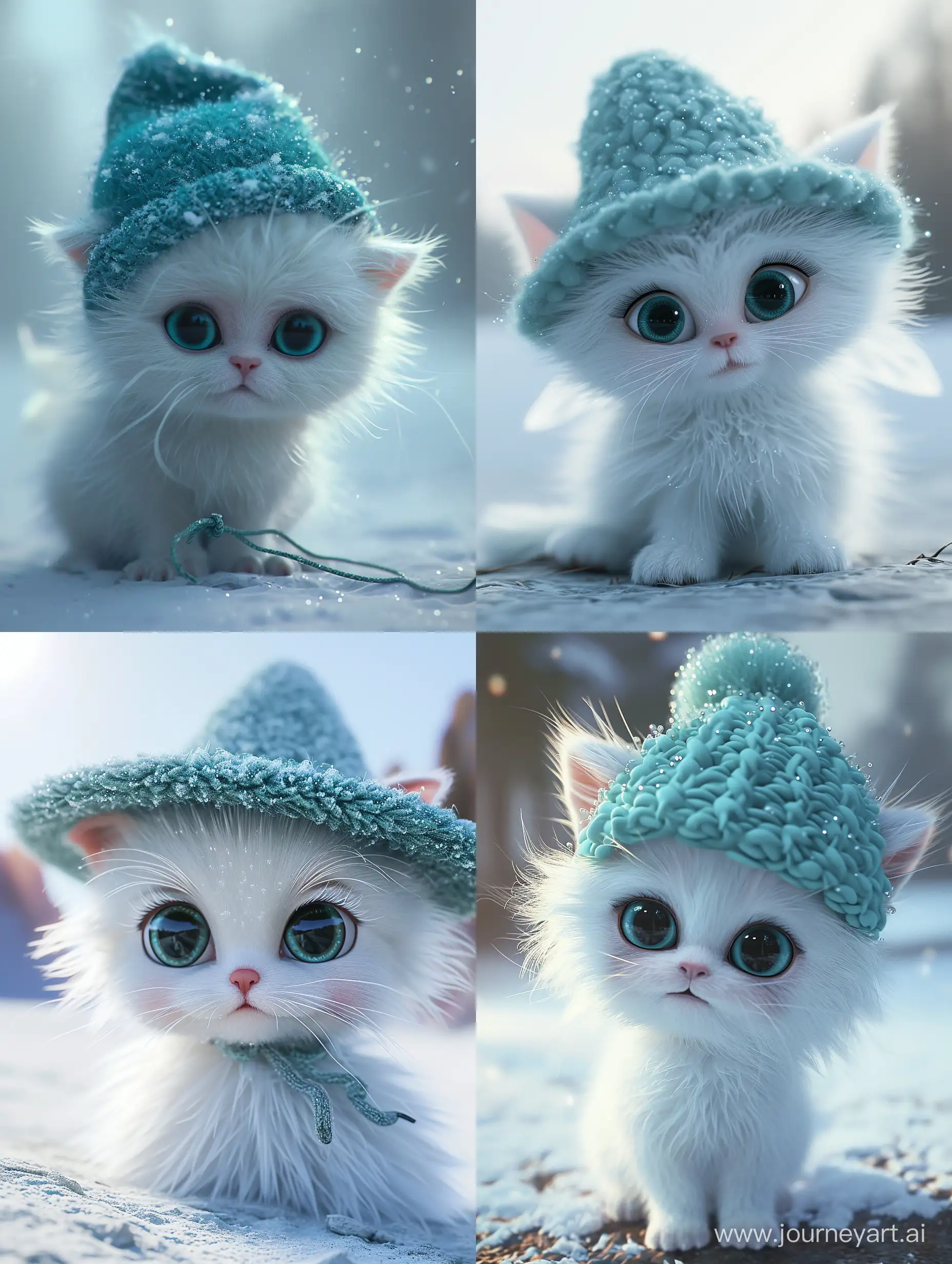Snowing winter, super cute baby pixar style white fairy cat, shiny  snow-white fluffy, big bright eyes, wearing a woolly cyan hat, delicate  and fine, high detailed, bright color, natural light, simple background,  octane render, ultra wide angle