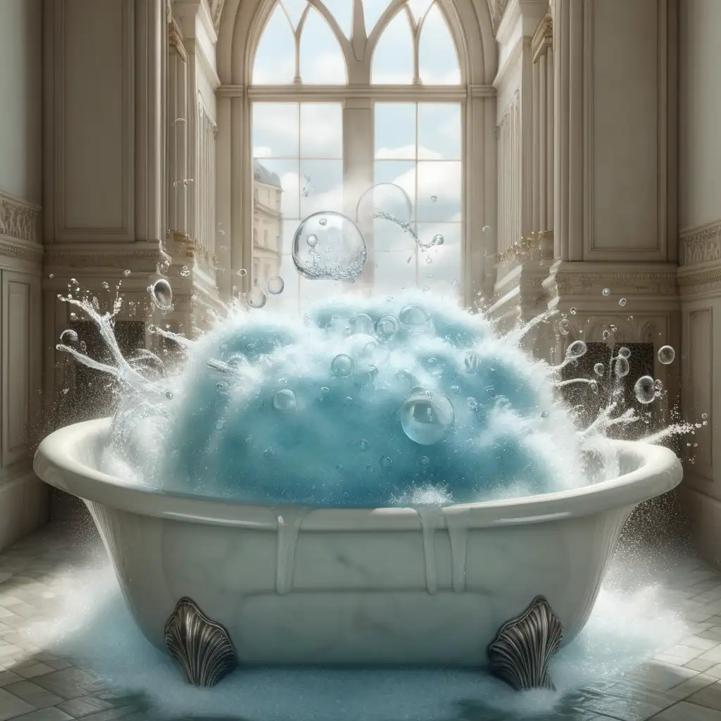 bath overflowing with water and bubbles with splashes of water flying through the air