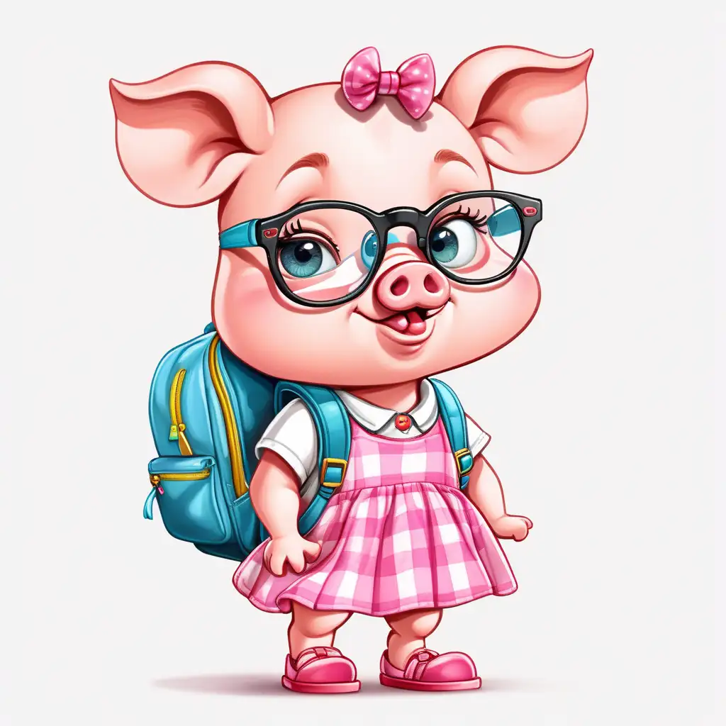 in bright colorful cartoon style, an image of a cute little girl pig wearing a dress and eye glasses, dressed like a smart kid, with a backpack, no background in image