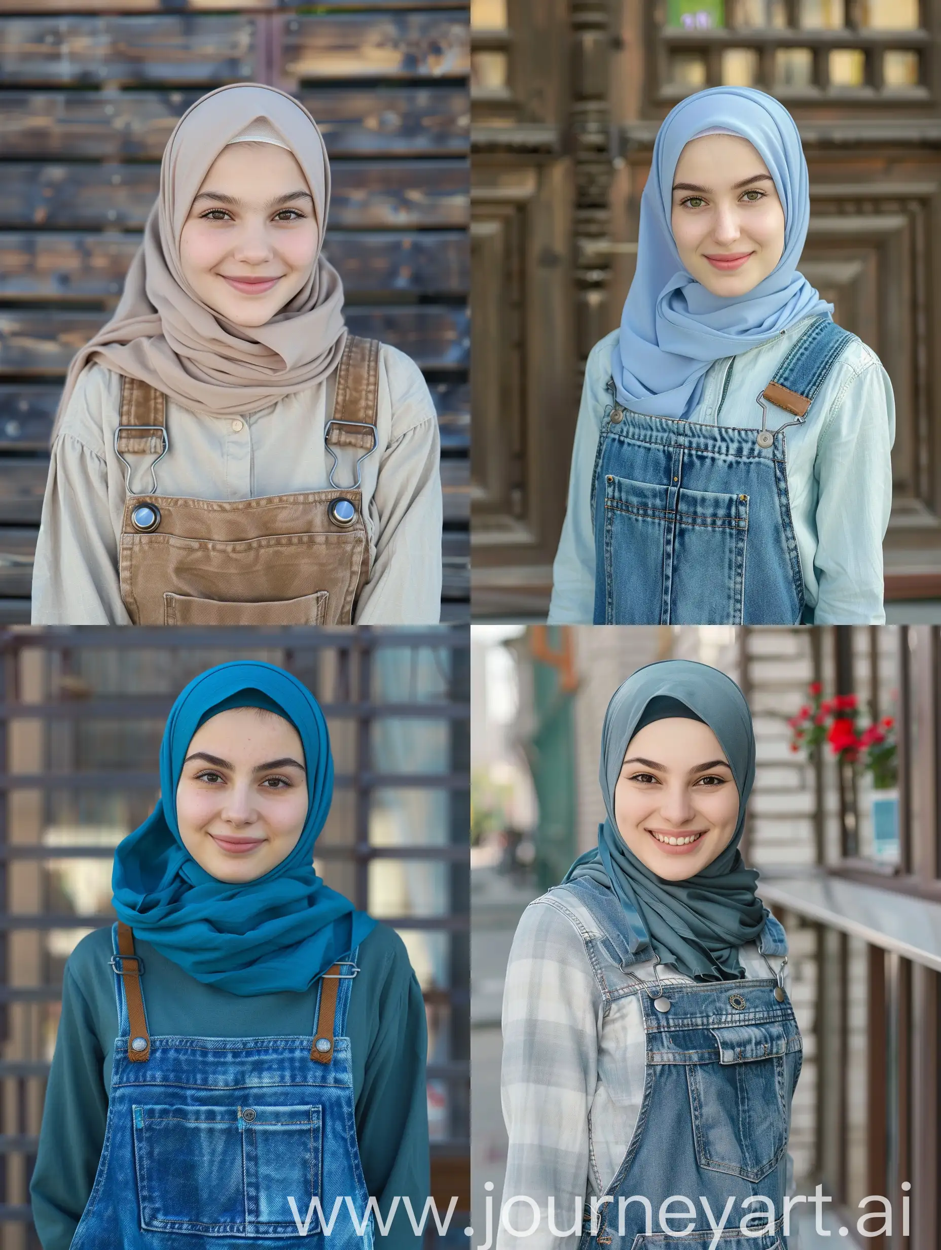 photo portrait of a 20 year old Russian hijab girl, Moscow, wearing overalls, smile, original photo